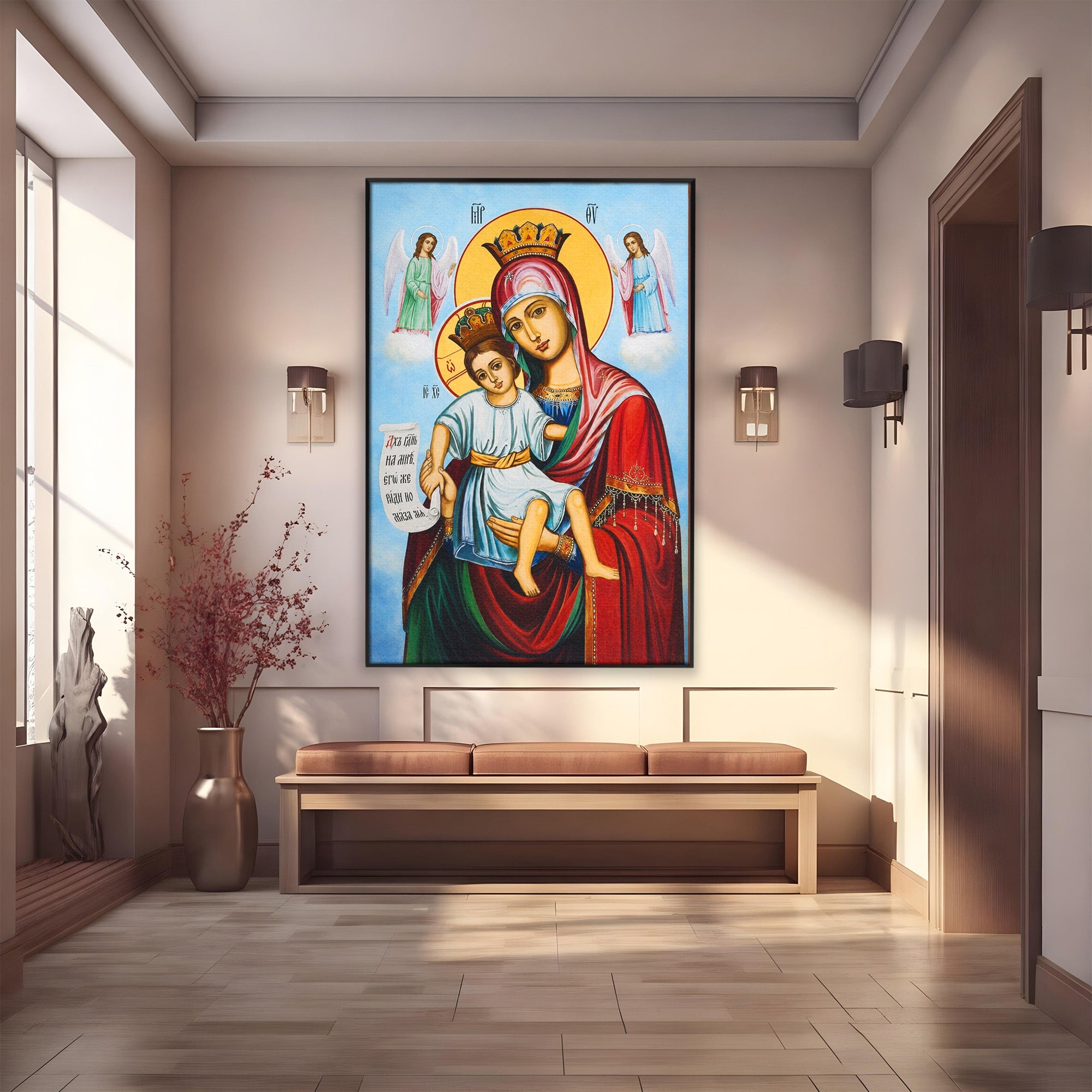 Tablou Canvas Premium LuxCanva® H1067, Maica Domnului Axionita, Icoana, Religie, Spiritualitate, Arta Sacra, Living, Dormitor, Culori Vibrante