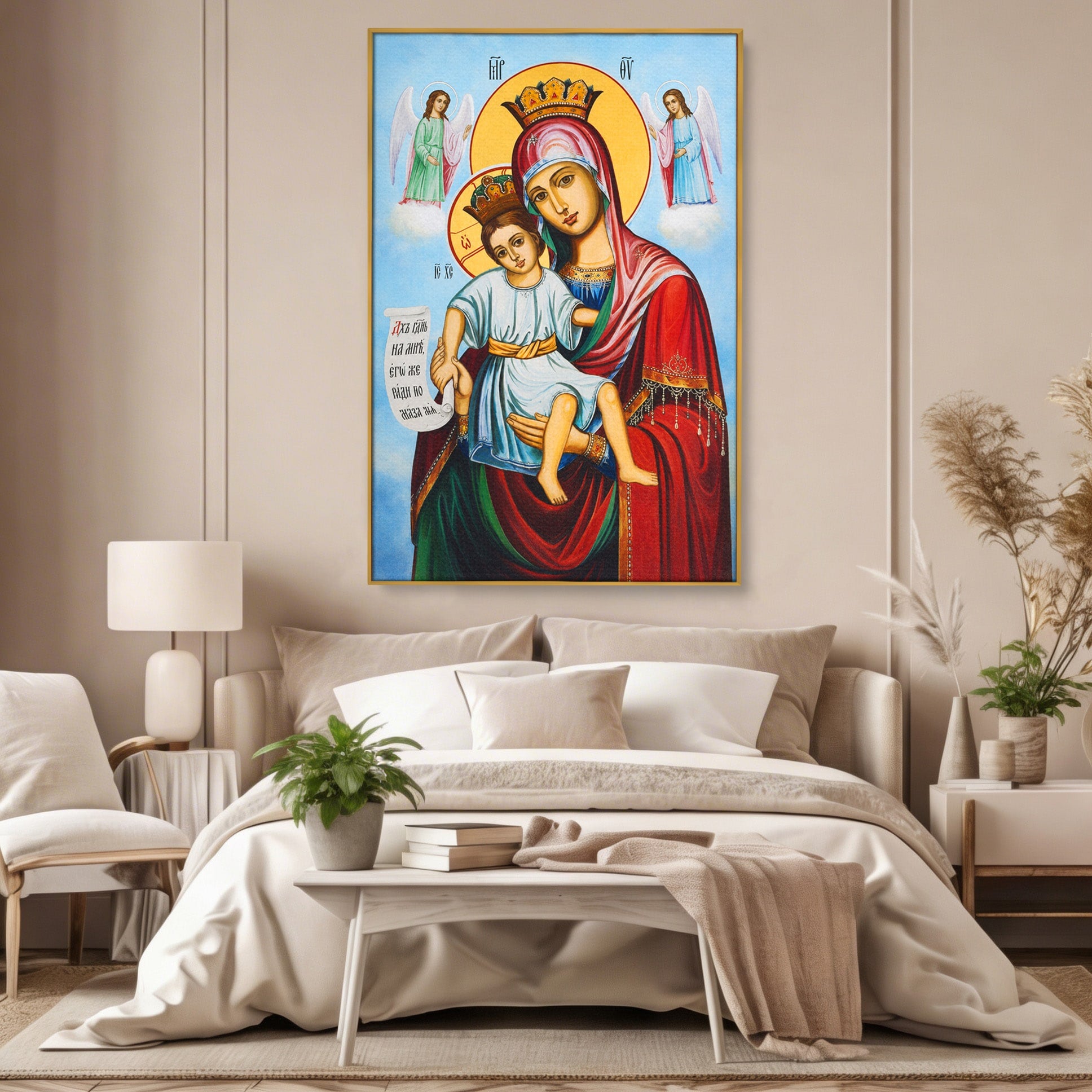 Tablou Canvas Premium LuxCanva® H1067, Maica Domnului Axionita, Icoana, Religie, Spiritualitate, Arta Sacra, Living, Dormitor, Culori Vibrante