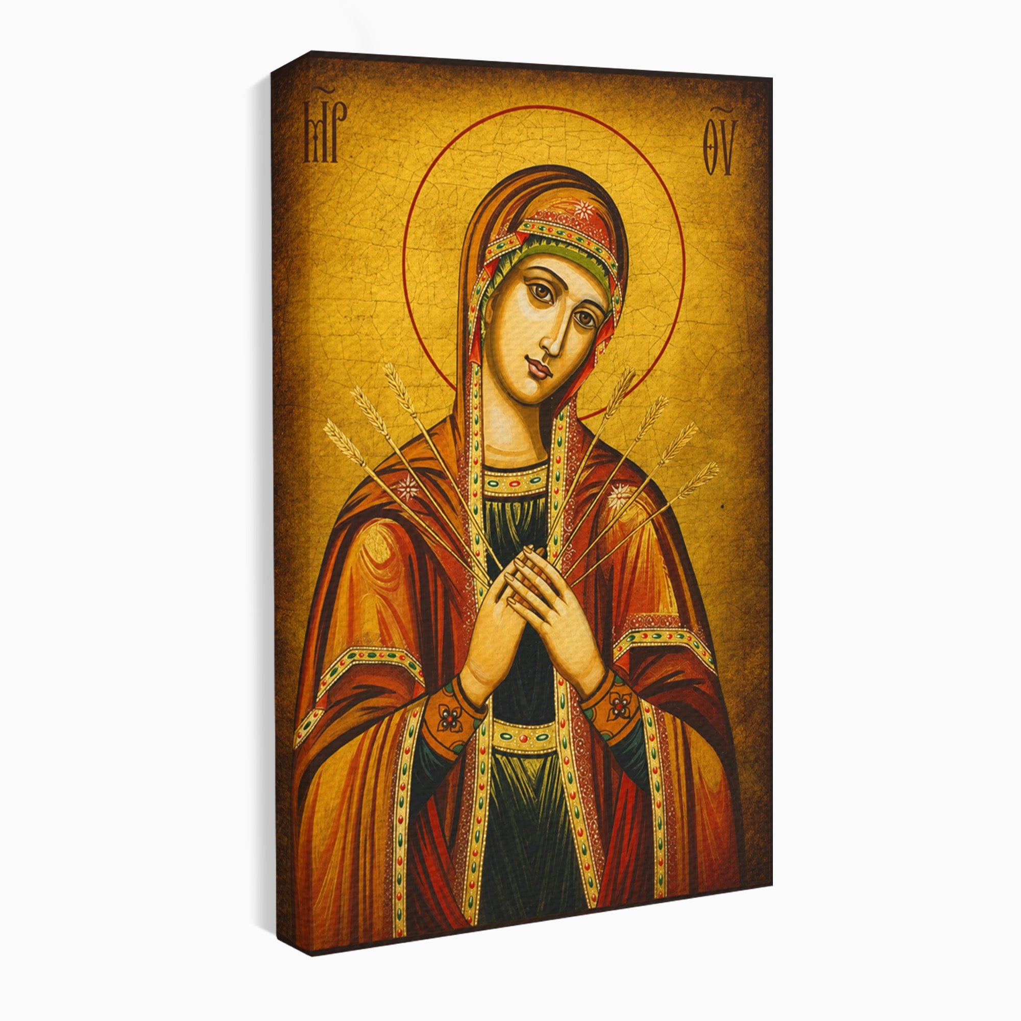 Tablou Canvas Premium LuxCanva® H1068, Icoana Maicii Domnului cu Sapte Sageti, Icoana, Religie, Fecioara Maria, Spiritualitate, Dormitor, Culori Vibrante