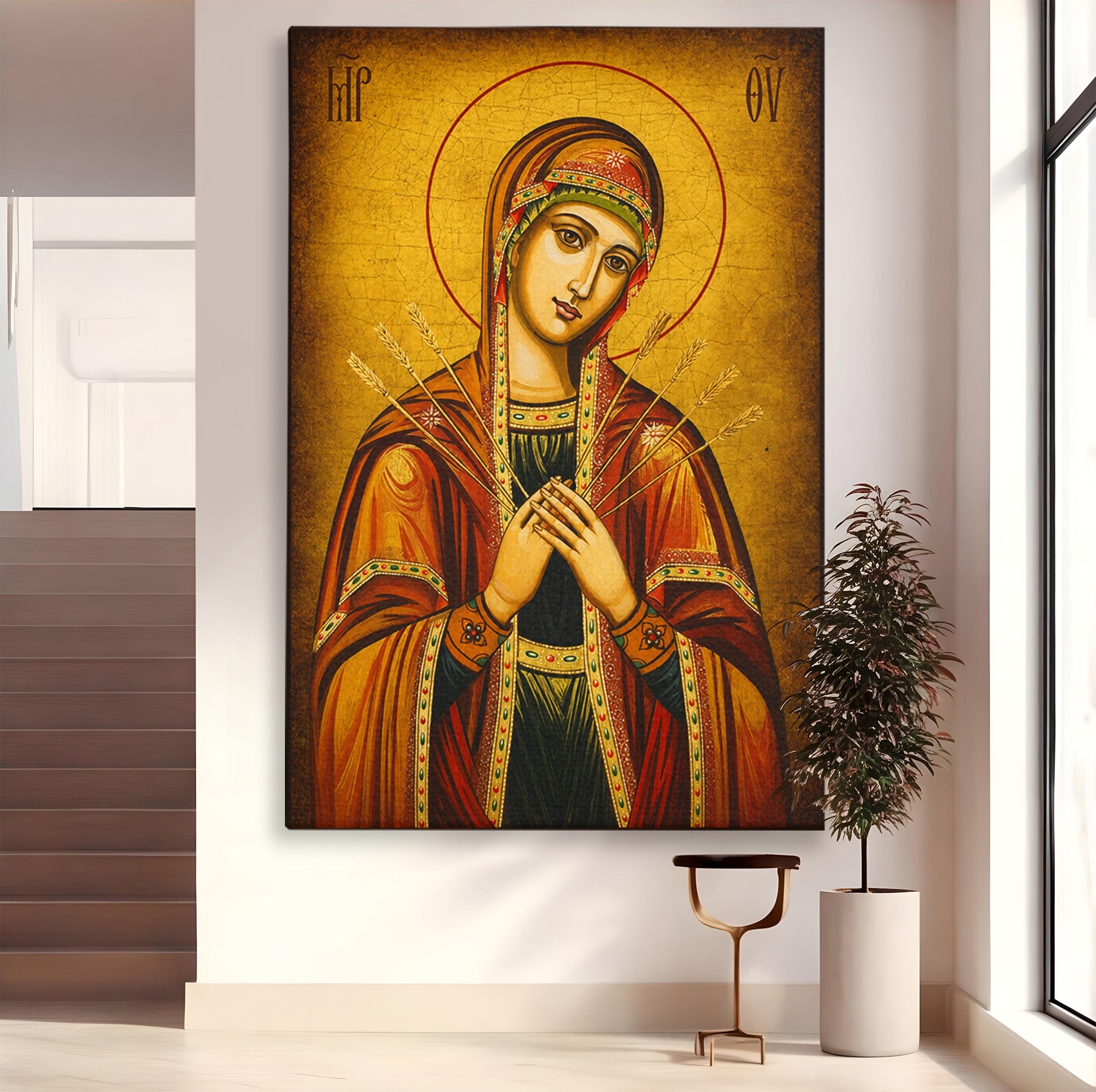 Tablou Canvas Premium LuxCanva® H1068, Icoana Maicii Domnului cu Sapte Sageti, Icoana, Religie, Fecioara Maria, Spiritualitate, Dormitor, Culori Vibrante