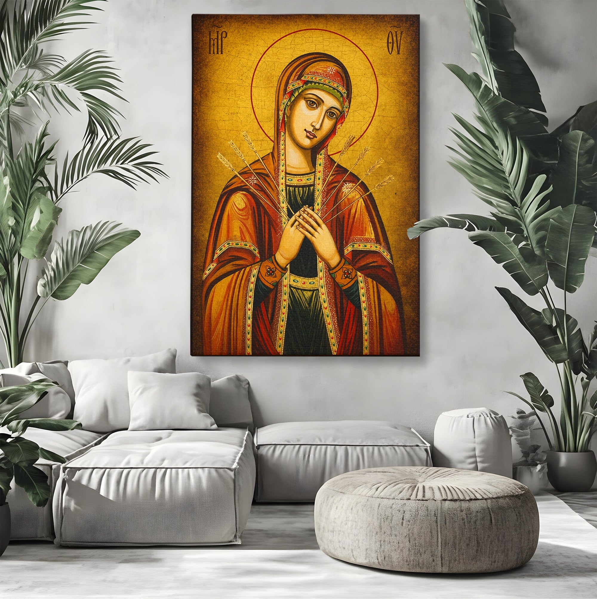 Tablou Canvas Premium LuxCanva® H1068, Icoana Maicii Domnului cu Sapte Sageti, Icoana, Religie, Fecioara Maria, Spiritualitate, Dormitor, Culori Vibrante