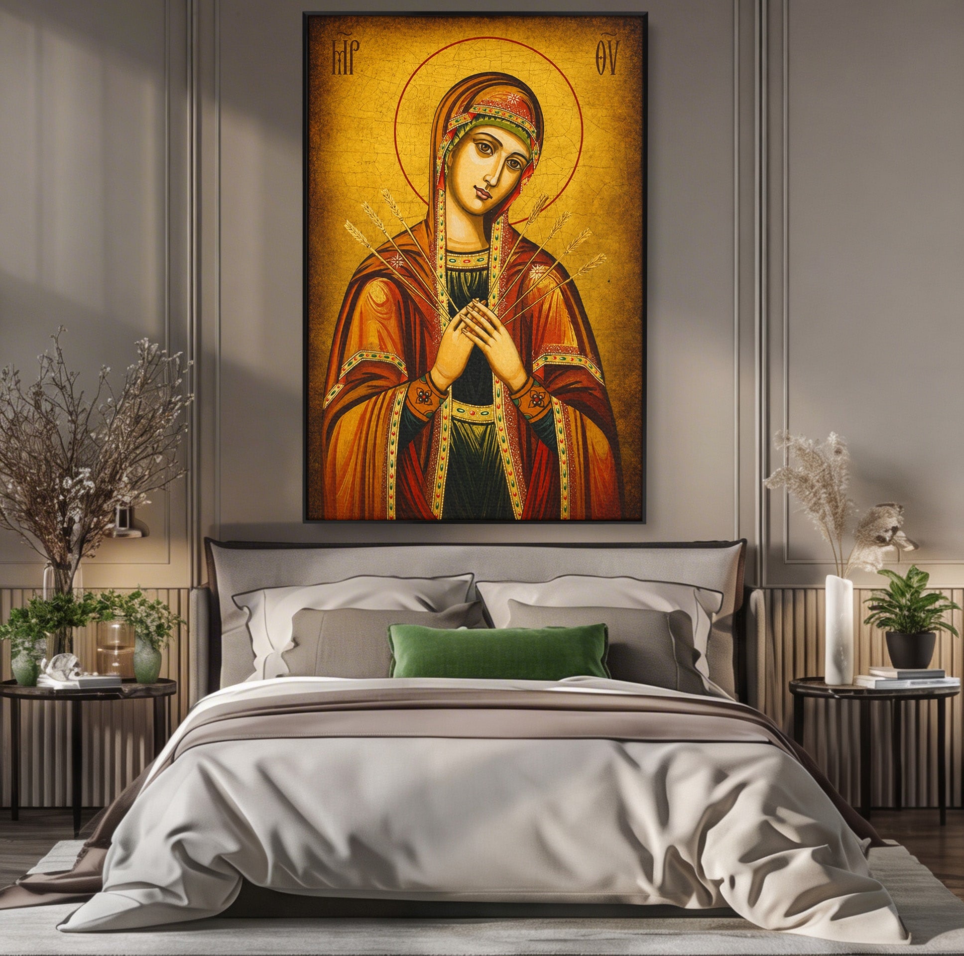 Tablou Canvas Premium LuxCanva® H1068, Icoana Maicii Domnului cu Sapte Sageti, Icoana, Religie, Fecioara Maria, Spiritualitate, Dormitor, Culori Vibrante