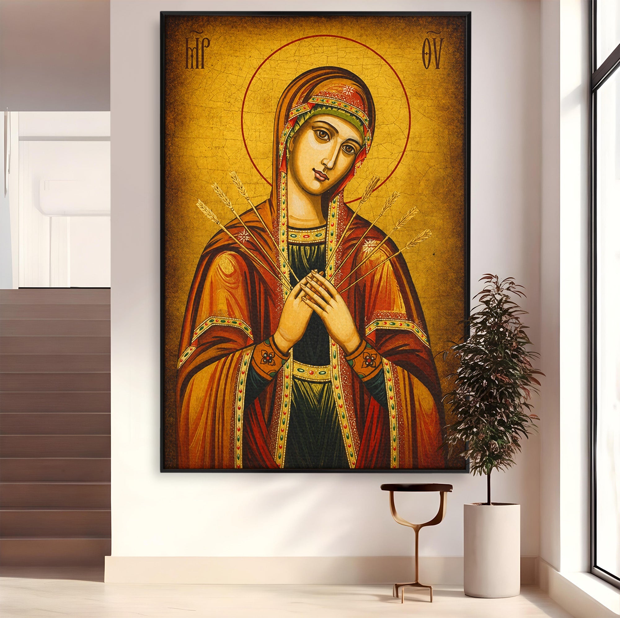 Tablou Canvas Premium LuxCanva® H1068, Icoana Maicii Domnului cu Sapte Sageti, Icoana, Religie, Fecioara Maria, Spiritualitate, Dormitor, Culori Vibrante