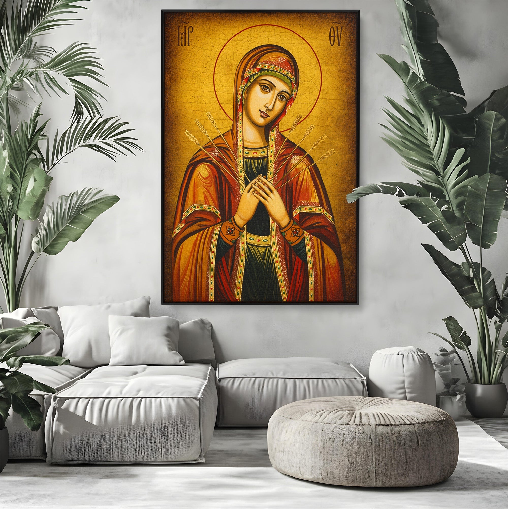 Tablou Canvas Premium LuxCanva® H1068, Icoana Maicii Domnului cu Sapte Sageti, Icoana, Religie, Fecioara Maria, Spiritualitate, Dormitor, Culori Vibrante