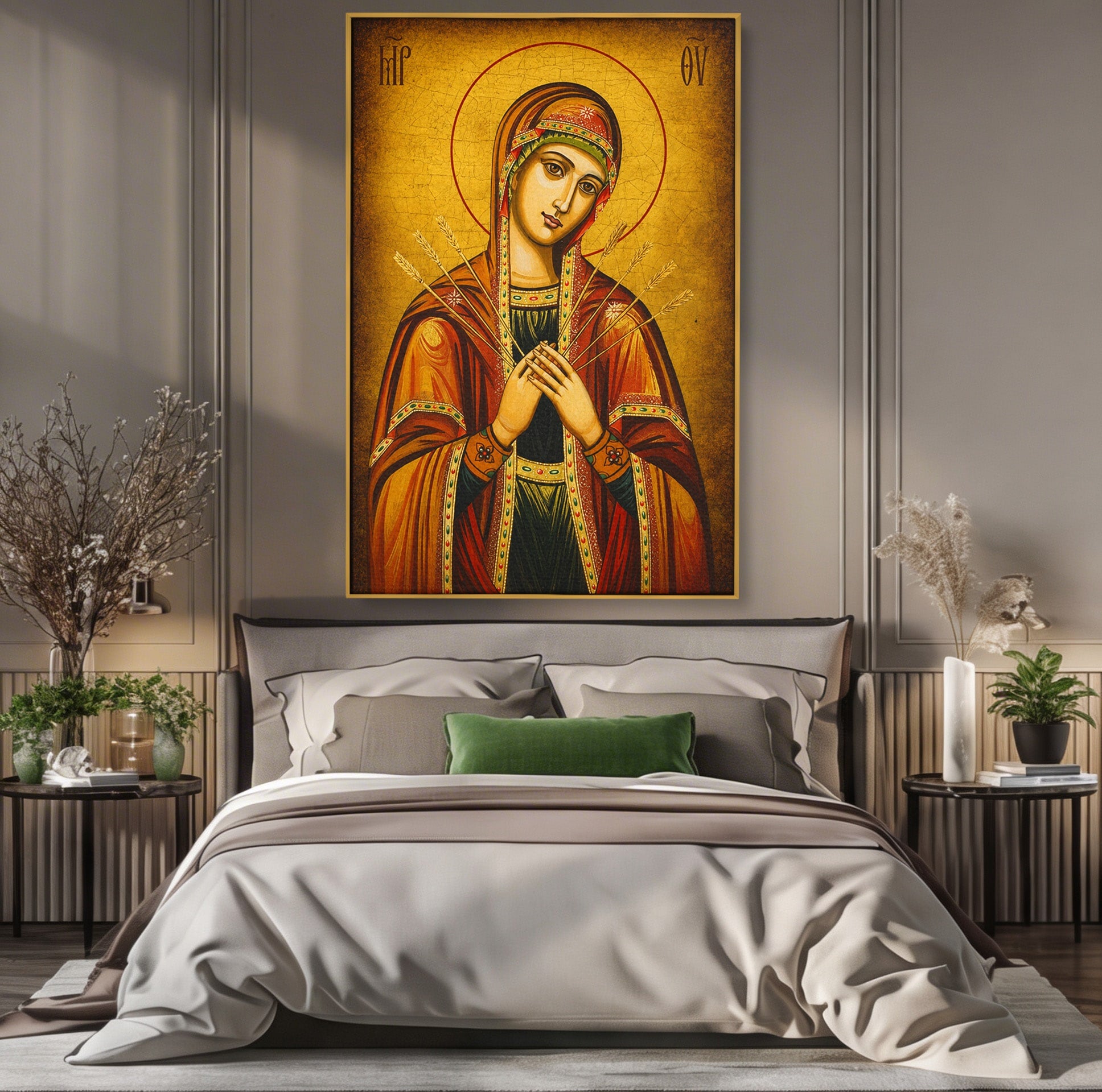Tablou Canvas Premium LuxCanva® H1068, Icoana Maicii Domnului cu Sapte Sageti, Icoana, Religie, Fecioara Maria, Spiritualitate, Dormitor, Culori Vibrante