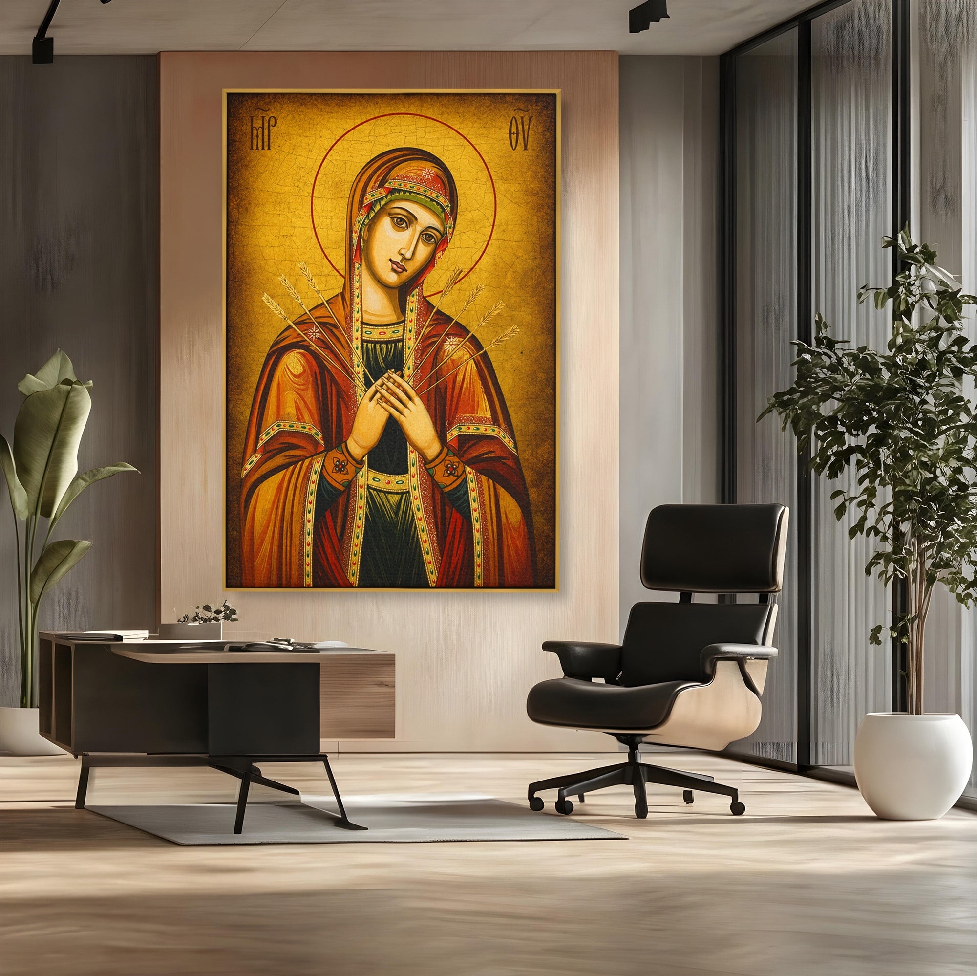 Tablou Canvas Premium LuxCanva® H1068, Icoana Maicii Domnului cu Sapte Sageti, Icoana, Religie, Fecioara Maria, Spiritualitate, Dormitor, Culori Vibrante