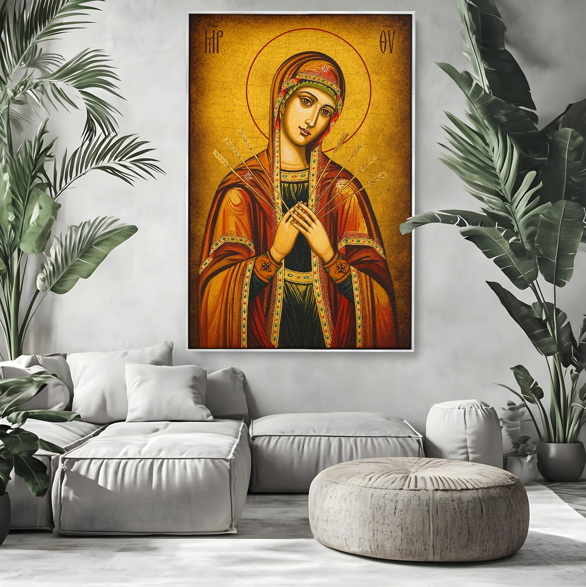 Tablou Canvas Premium LuxCanva® H1068, Icoana Maicii Domnului cu Sapte Sageti, Icoana, Religie, Fecioara Maria, Spiritualitate, Dormitor, Culori Vibrante