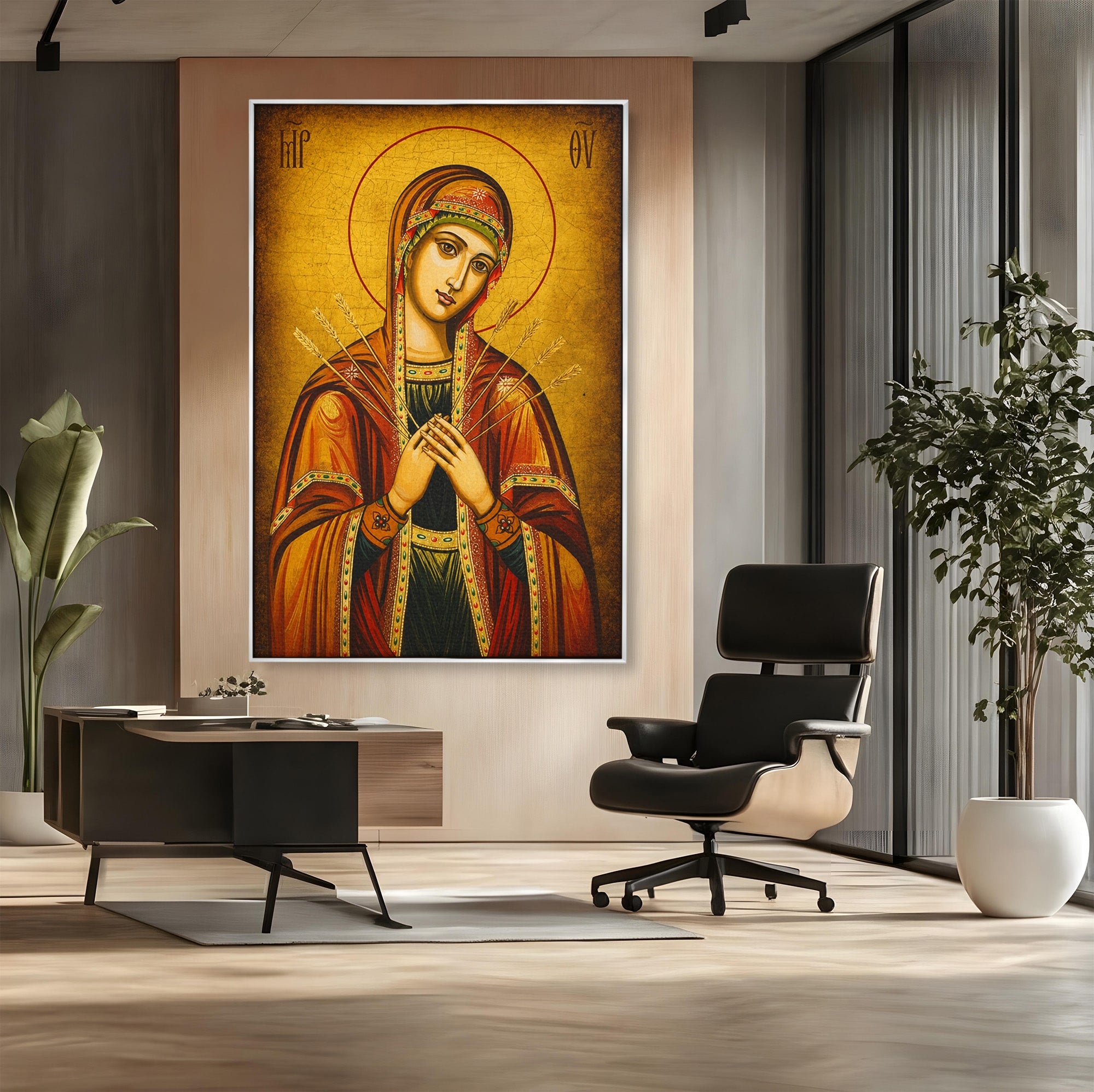 Tablou Canvas Premium LuxCanva® H1068, Icoana Maicii Domnului cu Sapte Sageti, Icoana, Religie, Fecioara Maria, Spiritualitate, Dormitor, Culori Vibrante