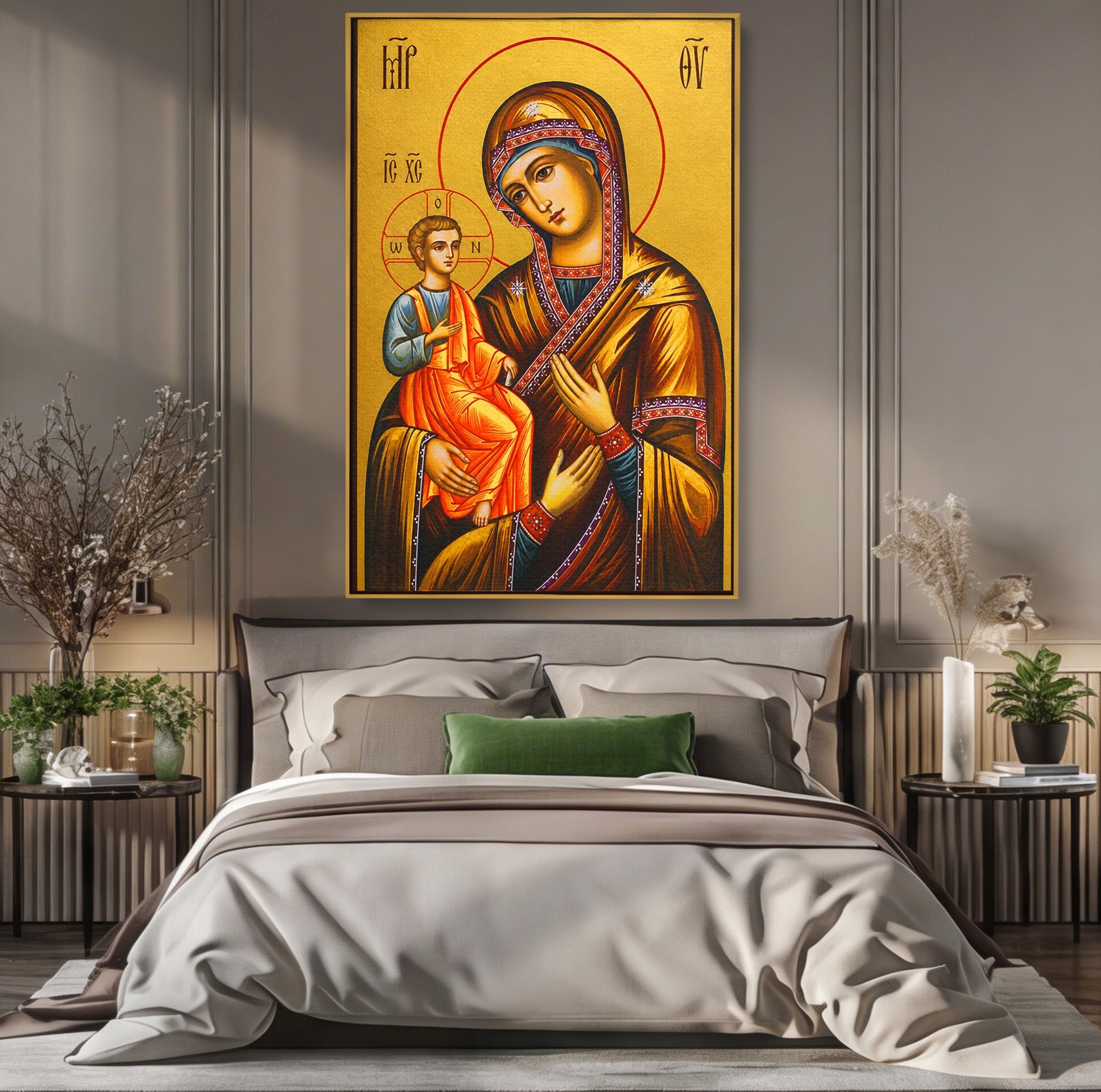 Tablou Canvas Premium LuxCanva® H1069, Icoana Maicii Domnului cu Trei Maini, Icoana, Religie, Spiritualitate, Arta Sacra, Dormitor, Birou, Culori Vibrante