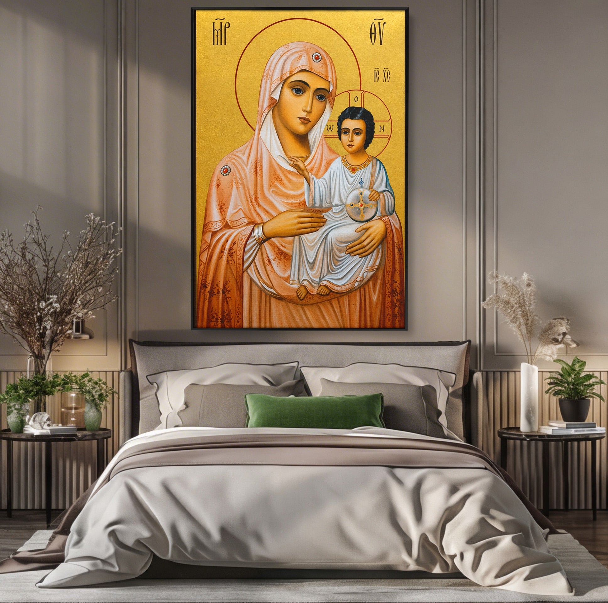 Tablou Canvas Premium LuxCanva® H1070, Icoana Maicii Domnului din Ierusalim, Icoana, Religie, Spiritualitate, Dormitor, Birou, Culori Vibrante