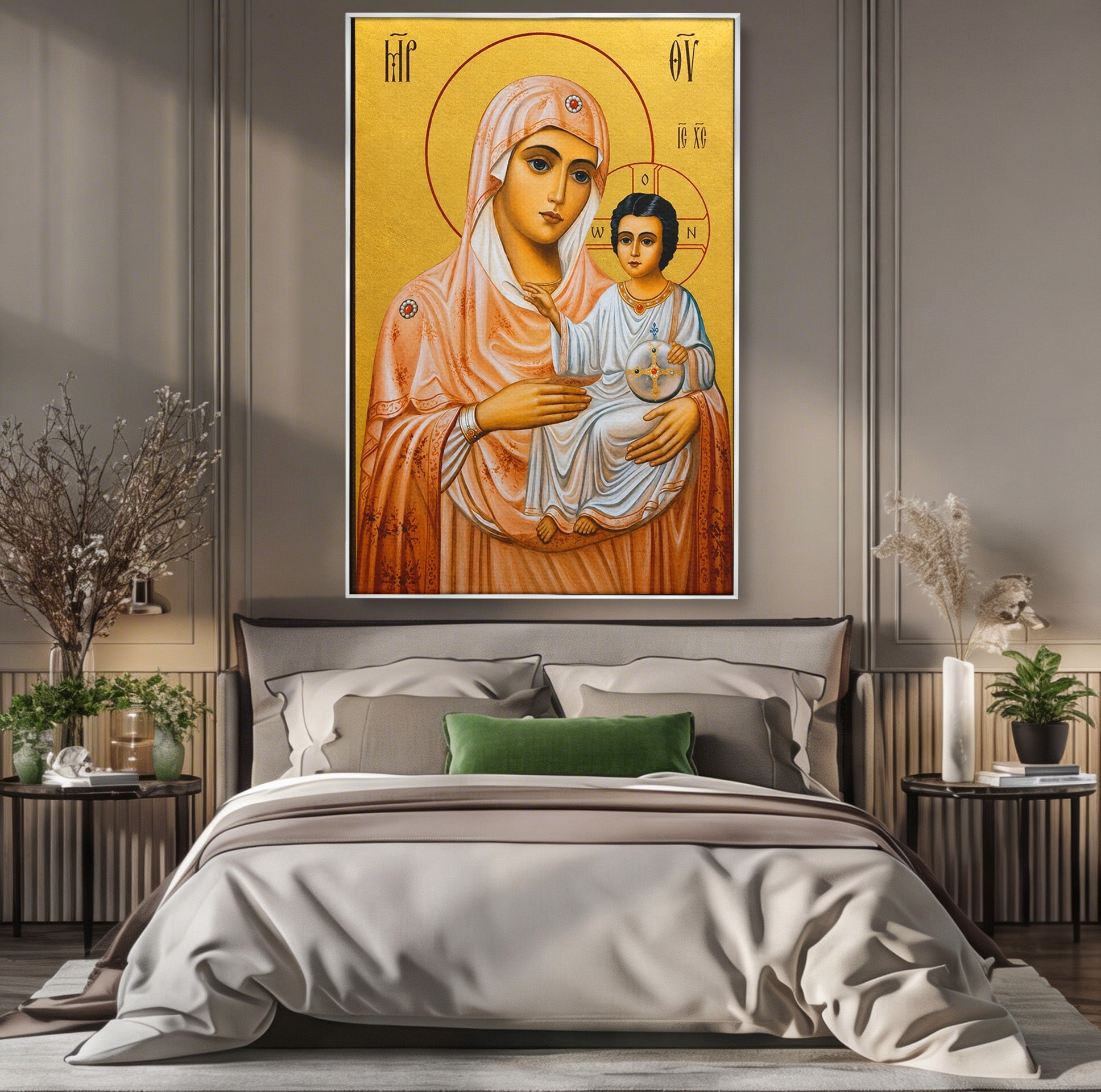 Tablou Canvas Premium LuxCanva® H1070, Icoana Maicii Domnului din Ierusalim, Icoana, Religie, Spiritualitate, Dormitor, Birou, Culori Vibrante