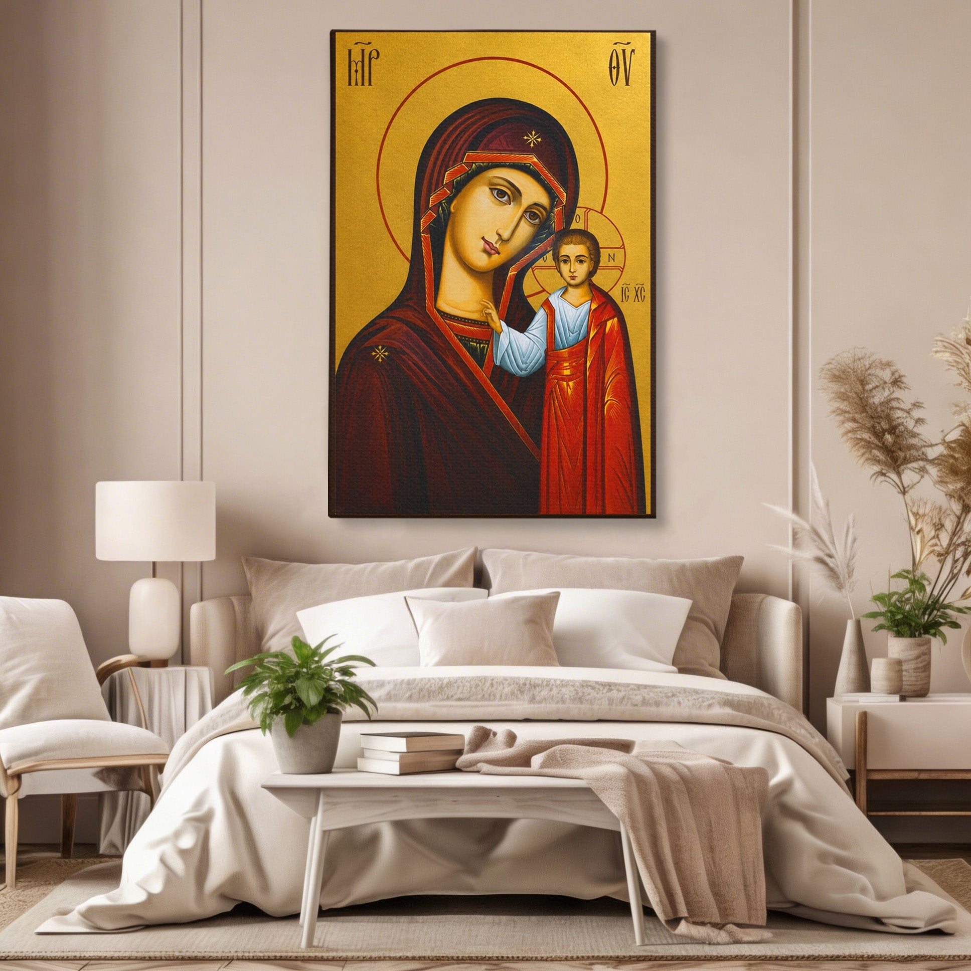 Tablou Canvas Premium LuxCanva® H1071, Icoana Maicii Domnului din Kazan, Religie, Icoana, Bizantin, Arta Sacra, Dormitor, Hol, Culori Vibrante