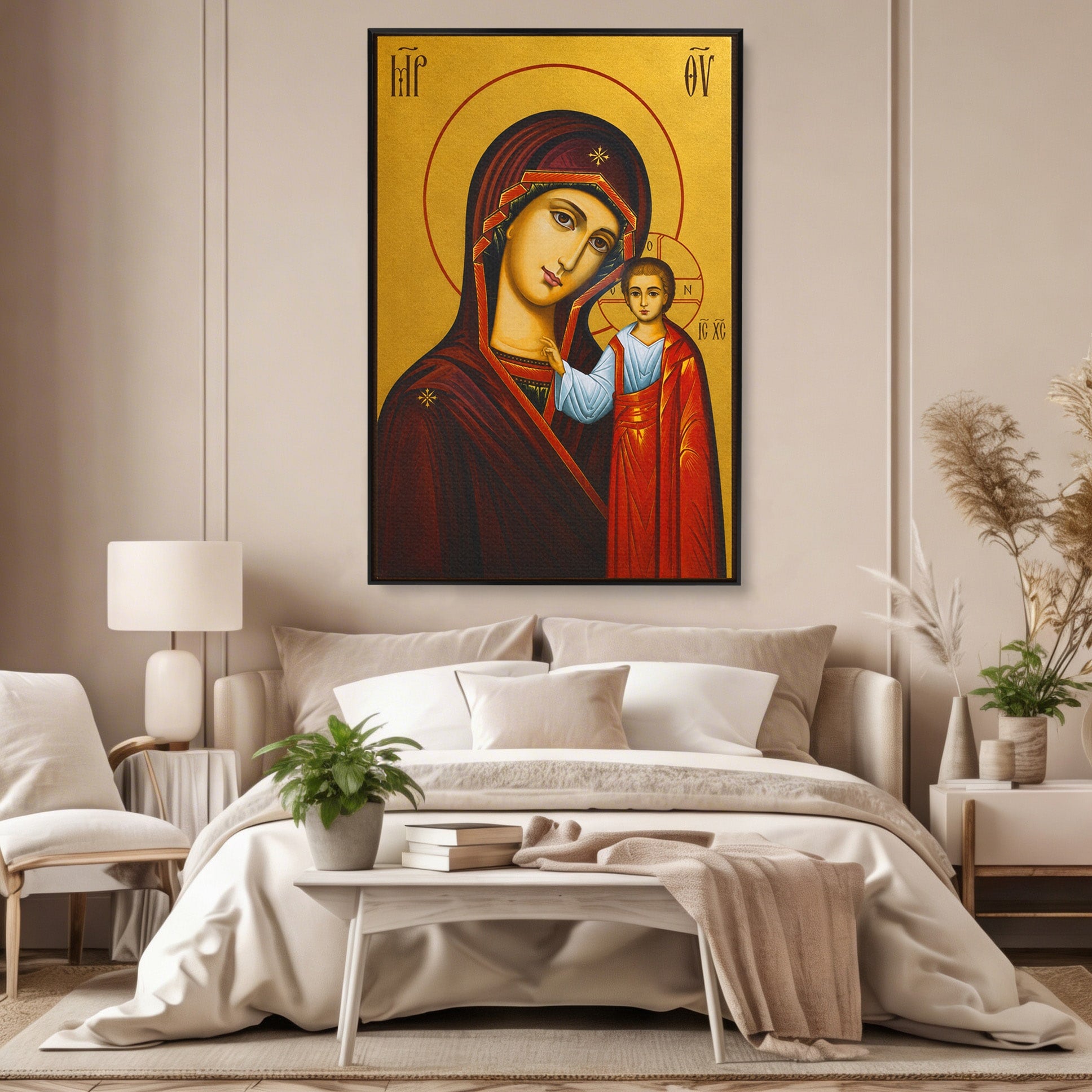 Tablou Canvas Premium LuxCanva® H1071, Icoana Maicii Domnului din Kazan, Religie, Icoana, Bizantin, Arta Sacra, Dormitor, Hol, Culori Vibrante