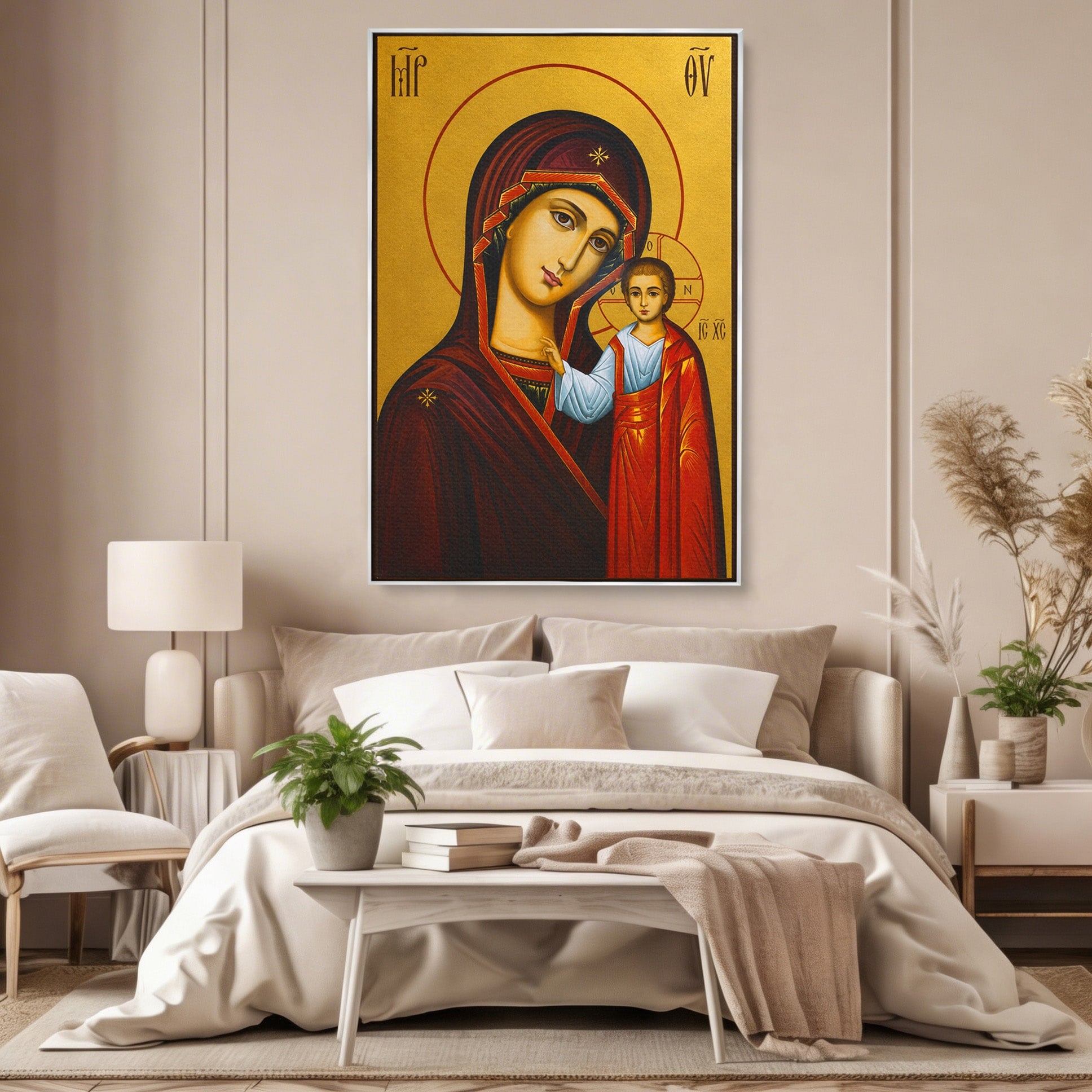 Tablou Canvas Premium LuxCanva® H1071, Icoana Maicii Domnului din Kazan, Religie, Icoana, Bizantin, Arta Sacra, Dormitor, Hol, Culori Vibrante