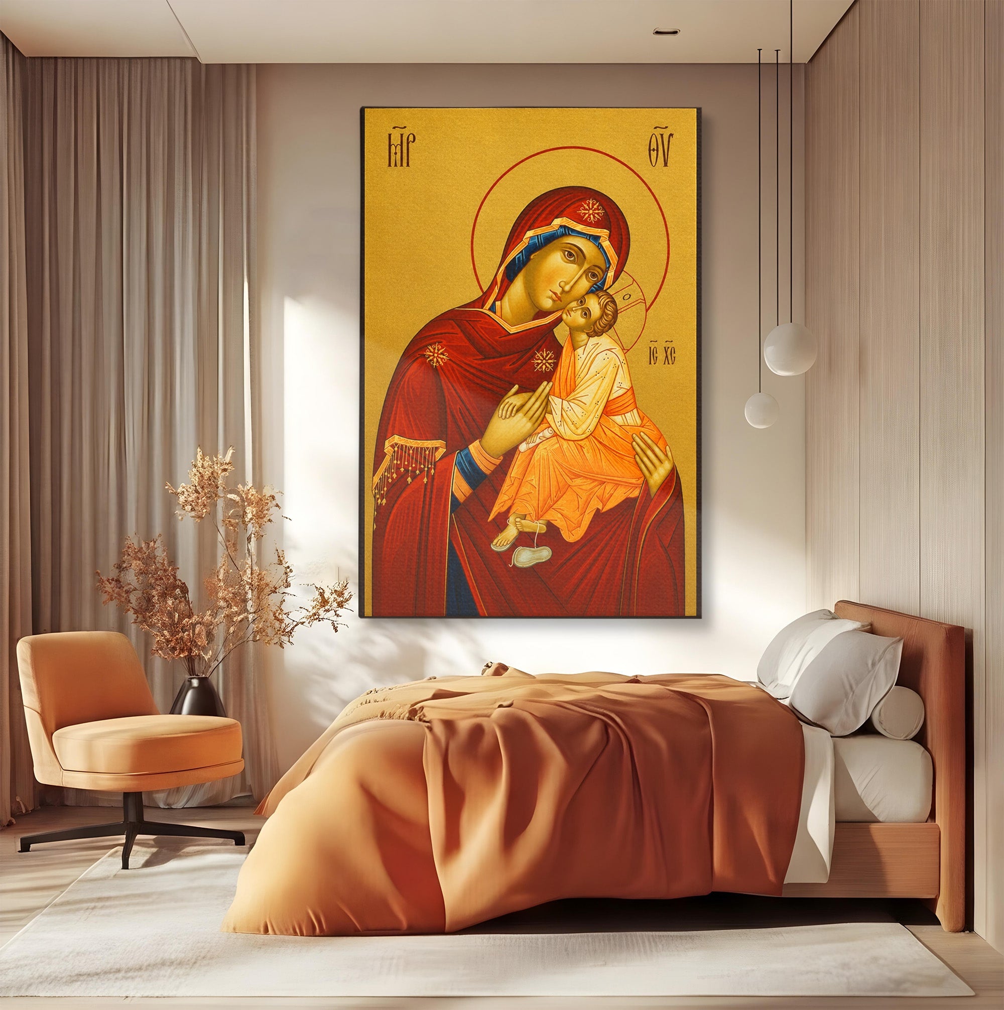Tablou Canvas Premium LuxCanva® H1072, Icoana Maicii Domnului Dulcea Sarutare, Icoana, Religie, Spiritualitate, Traditie, Dormitor, Birou, Culori Vibrante