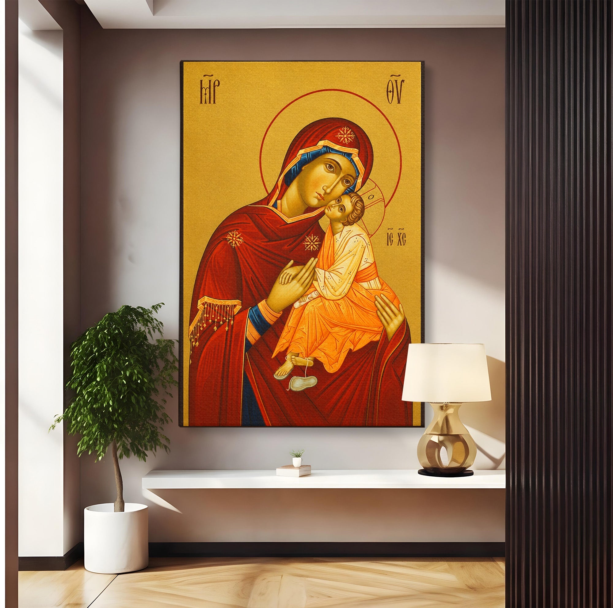 Tablou Canvas Premium LuxCanva® H1072, Icoana Maicii Domnului Dulcea Sarutare, Icoana, Religie, Spiritualitate, Traditie, Dormitor, Birou, Culori Vibrante