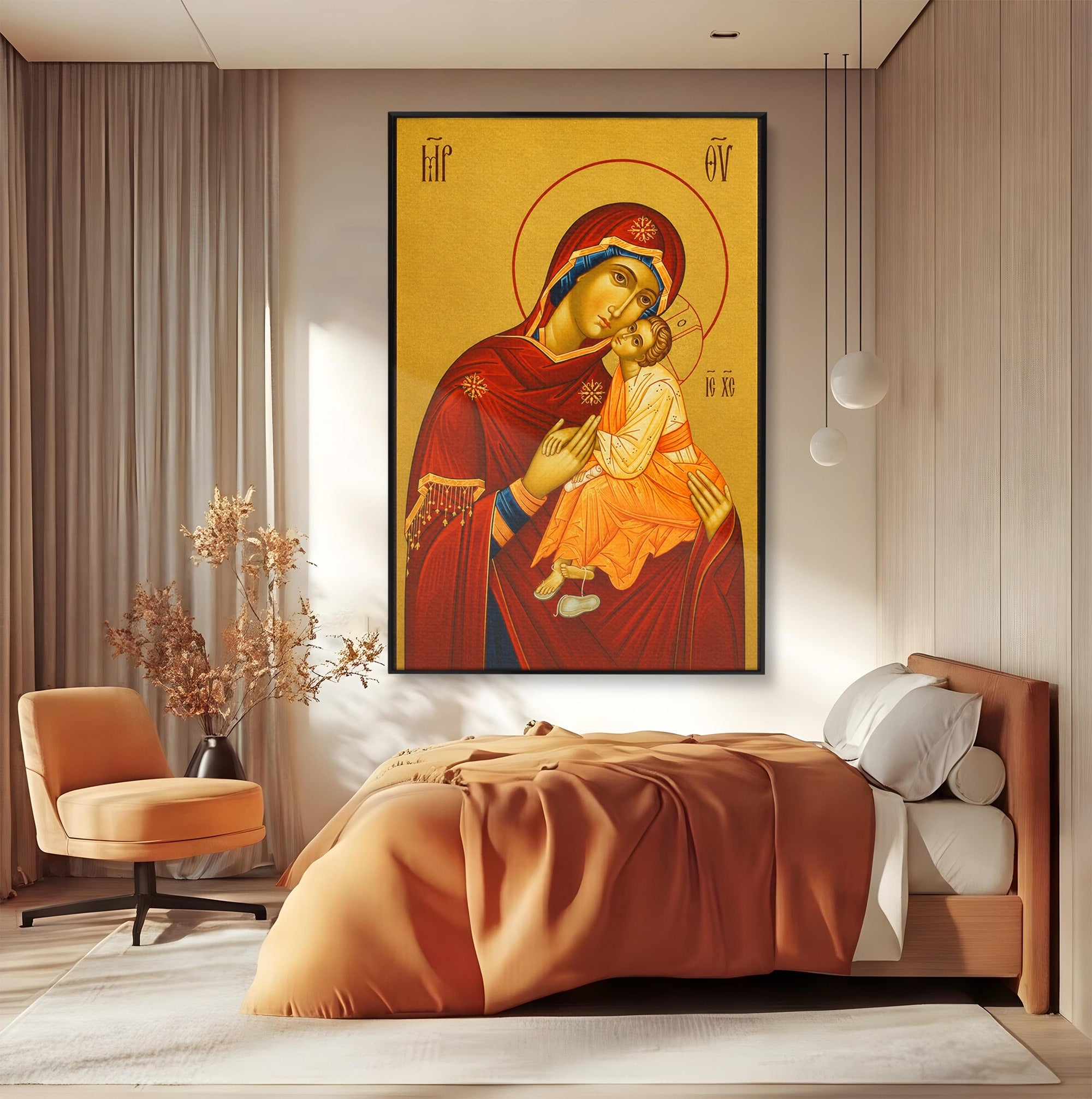 Tablou Canvas Premium LuxCanva® H1072, Icoana Maicii Domnului Dulcea Sarutare, Icoana, Religie, Spiritualitate, Traditie, Dormitor, Birou, Culori Vibrante