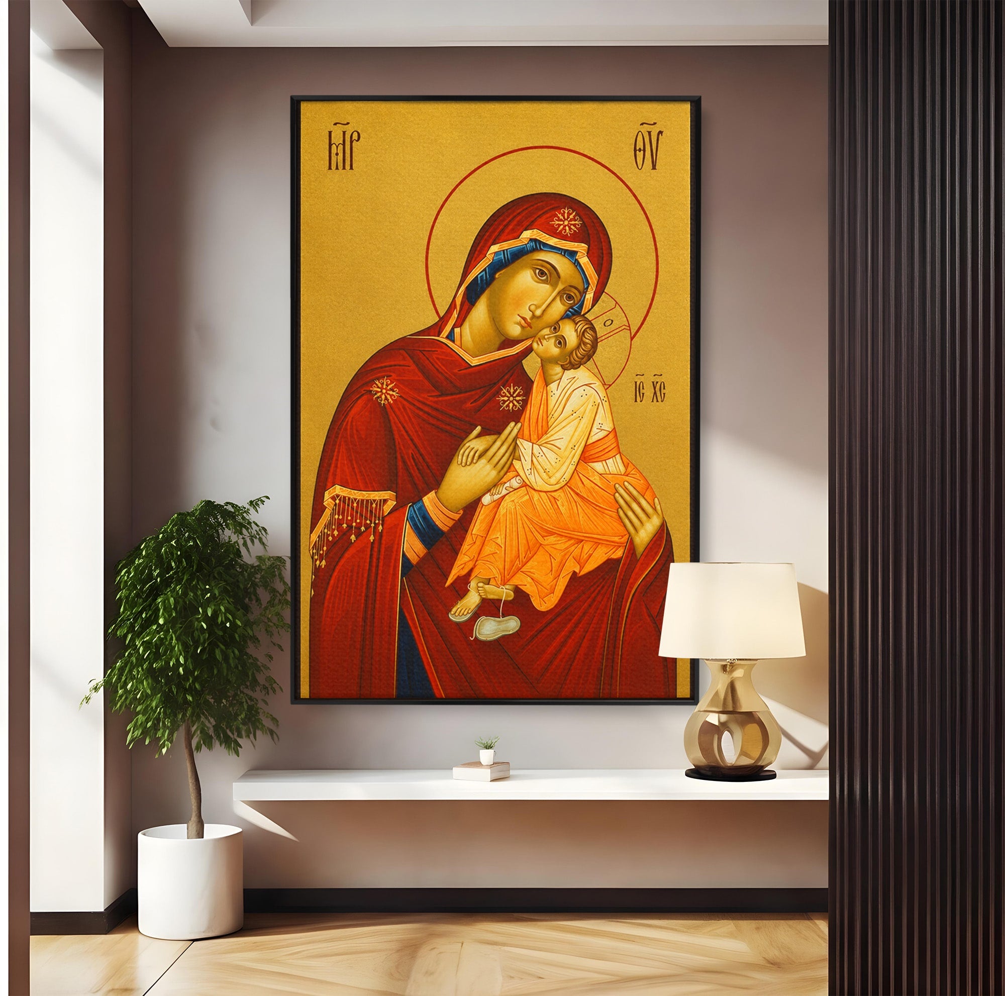 Tablou Canvas Premium LuxCanva® H1072, Icoana Maicii Domnului Dulcea Sarutare, Icoana, Religie, Spiritualitate, Traditie, Dormitor, Birou, Culori Vibrante