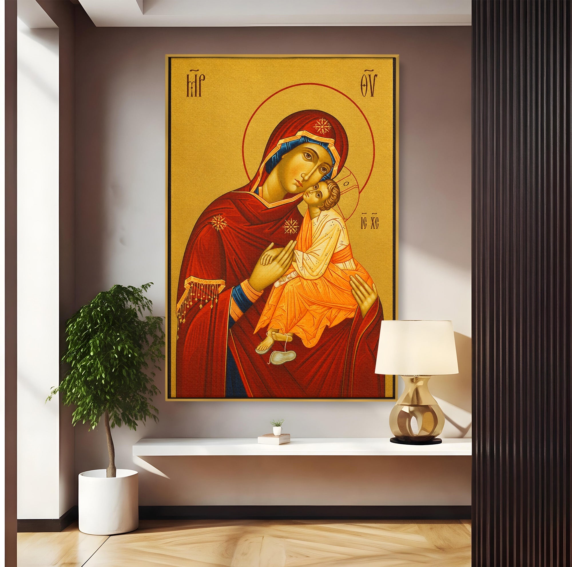 Tablou Canvas Premium LuxCanva® H1072, Icoana Maicii Domnului Dulcea Sarutare, Icoana, Religie, Spiritualitate, Traditie, Dormitor, Birou, Culori Vibrante