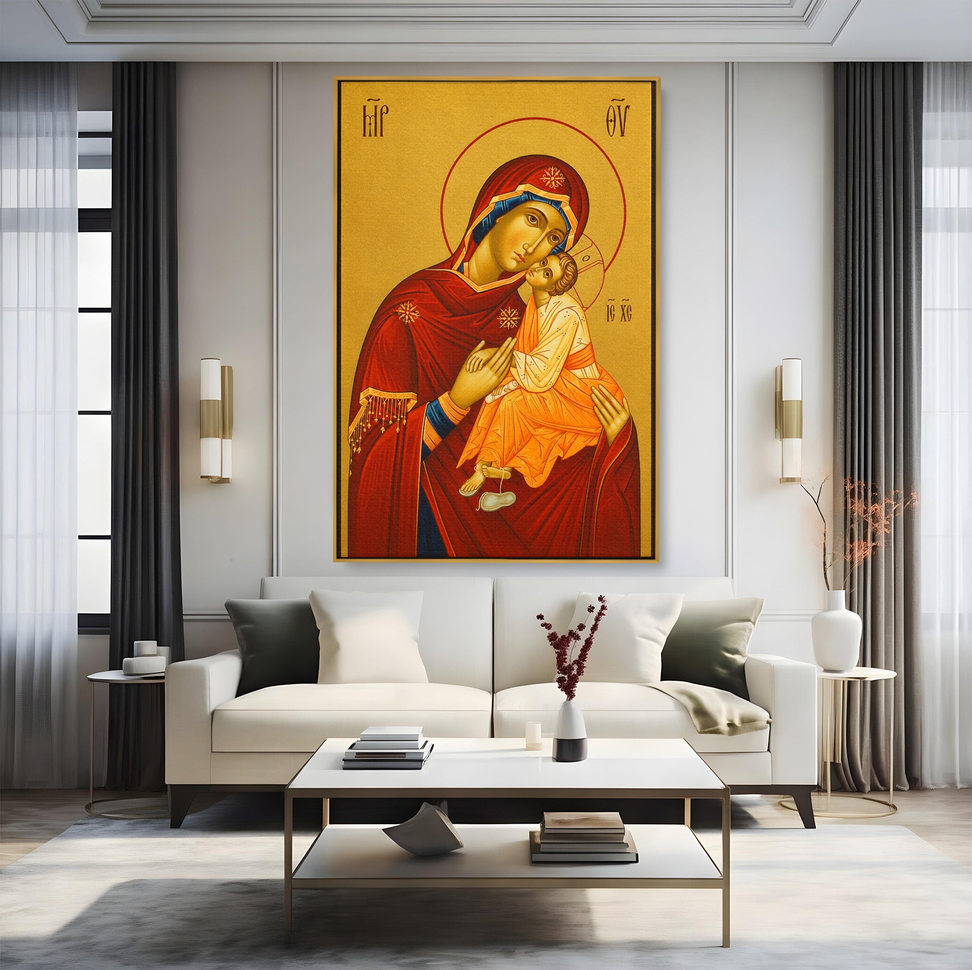 Tablou Canvas Premium LuxCanva® H1072, Icoana Maicii Domnului Dulcea Sarutare, Icoana, Religie, Spiritualitate, Traditie, Dormitor, Birou, Culori Vibrante