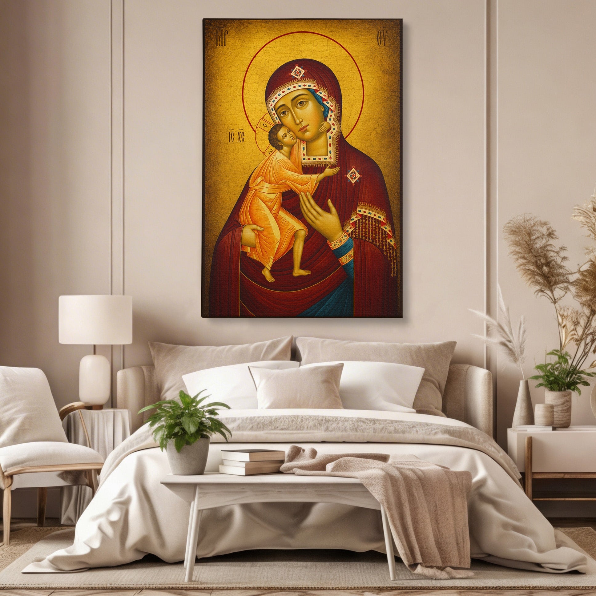 Tablou Canvas Premium LuxCanva® H1073, Maica Domnului Feodorovskaia, Icoana, Religie, Arta Sacra, Bizantin, Dormitor, Hol, Culori Vibrante