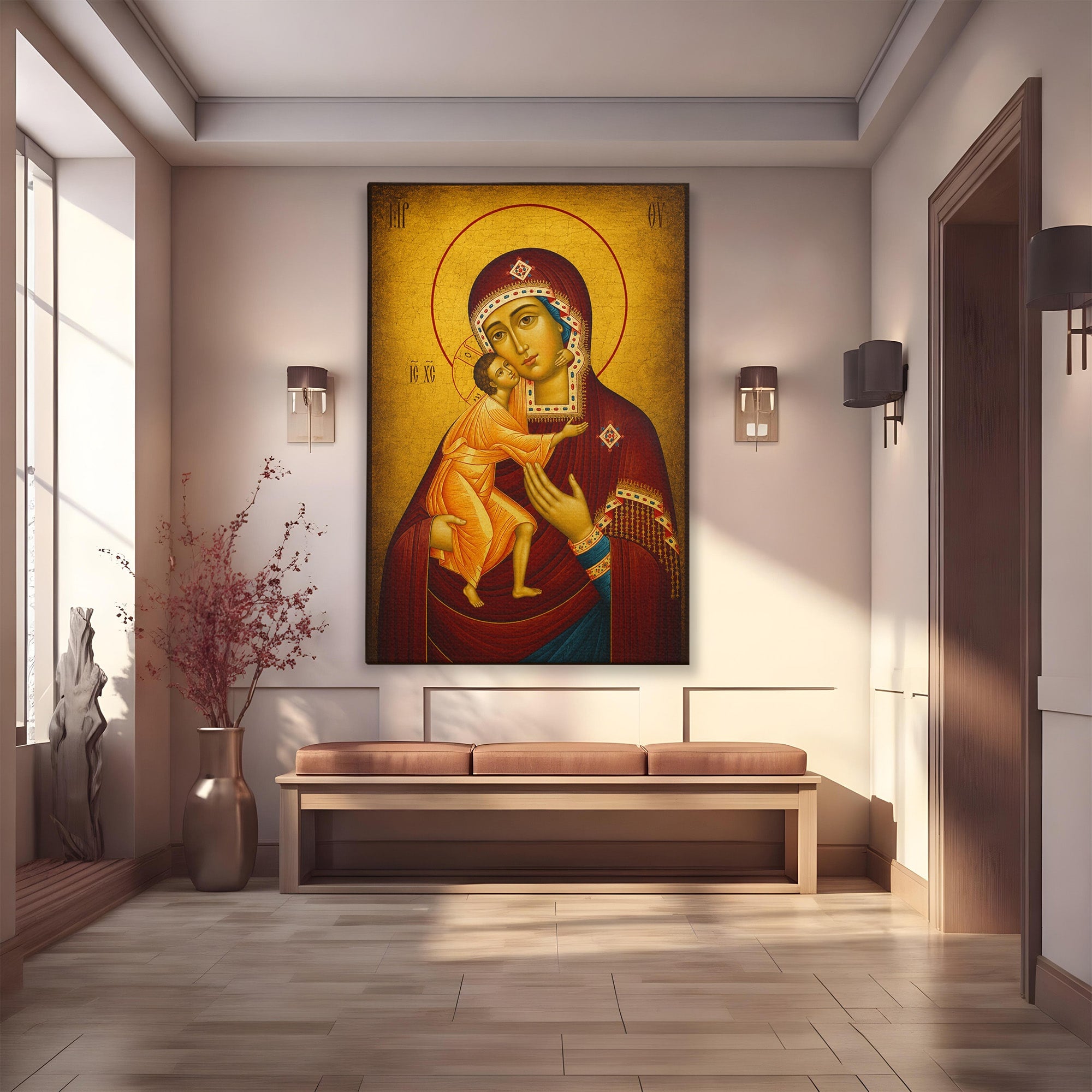 Tablou Canvas Premium LuxCanva® H1073, Maica Domnului Feodorovskaia, Icoana, Religie, Arta Sacra, Bizantin, Dormitor, Hol, Culori Vibrante
