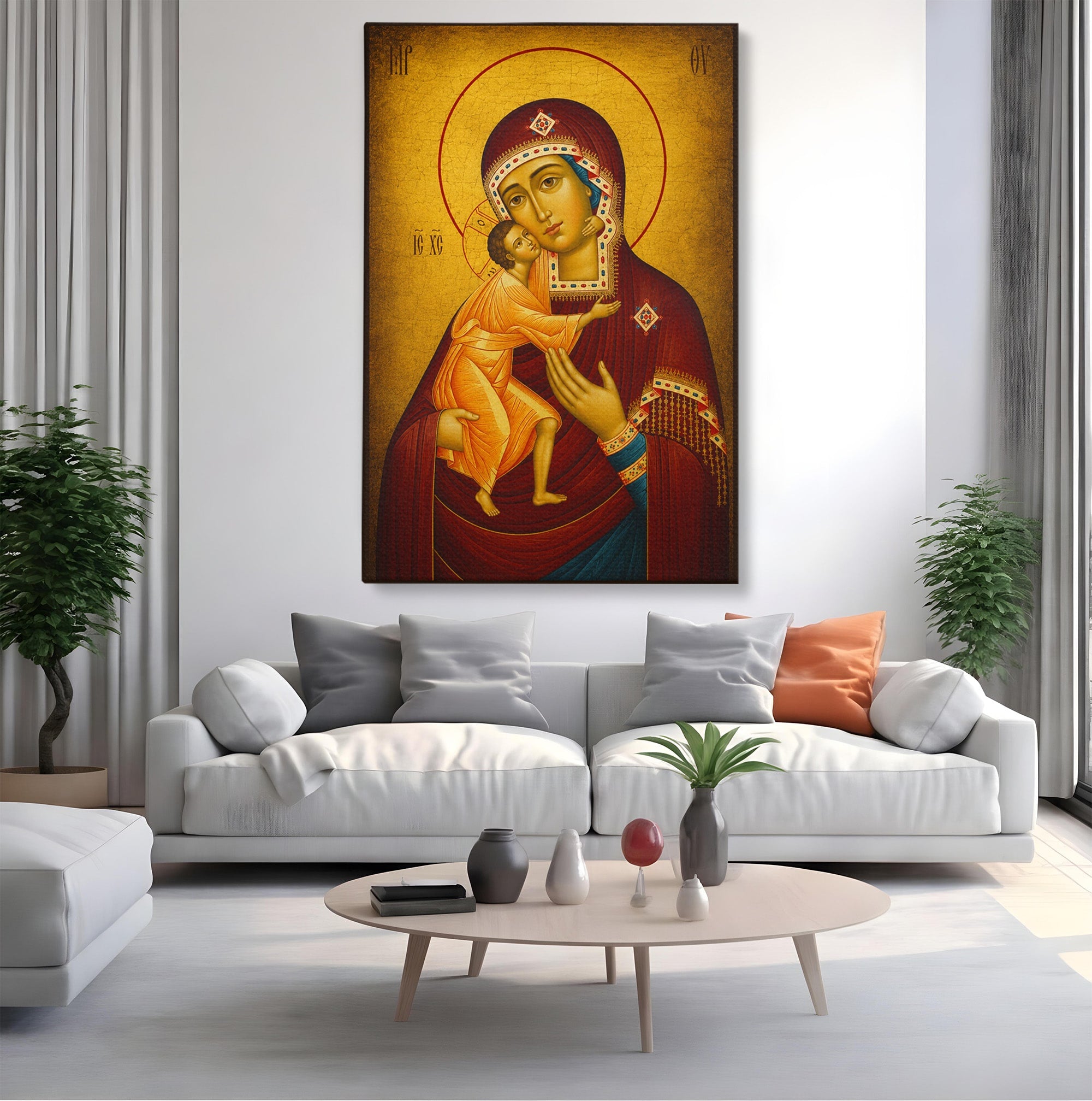 Tablou Canvas Premium LuxCanva® H1073, Maica Domnului Feodorovskaia, Icoana, Religie, Arta Sacra, Bizantin, Dormitor, Hol, Culori Vibrante