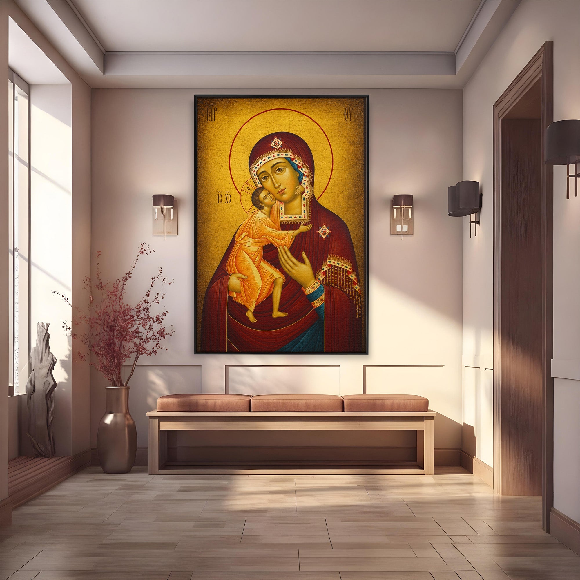 Tablou Canvas Premium LuxCanva® H1073, Maica Domnului Feodorovskaia, Icoana, Religie, Arta Sacra, Bizantin, Dormitor, Hol, Culori Vibrante