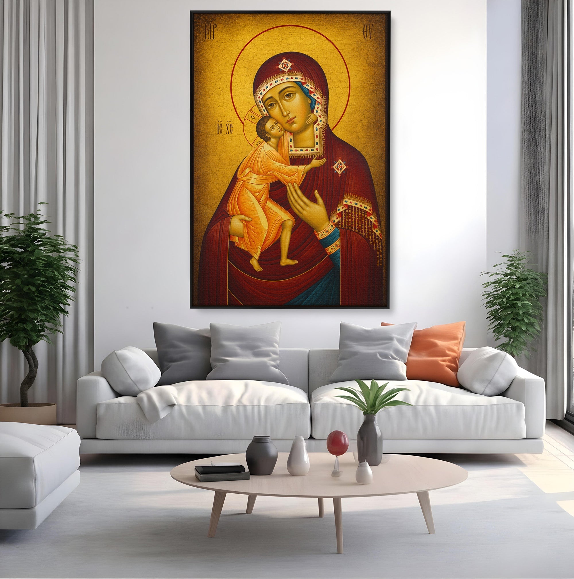 Tablou Canvas Premium LuxCanva® H1073, Maica Domnului Feodorovskaia, Icoana, Religie, Arta Sacra, Bizantin, Dormitor, Hol, Culori Vibrante