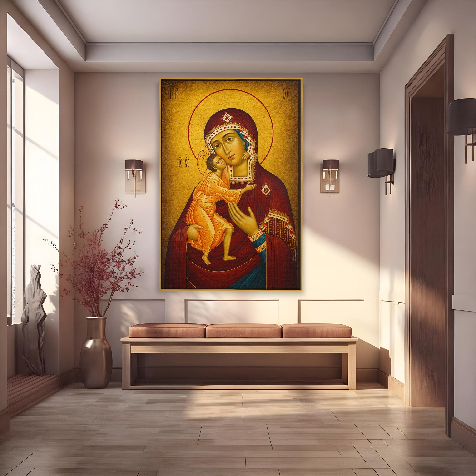 Tablou Canvas Premium LuxCanva® H1073, Maica Domnului Feodorovskaia, Icoana, Religie, Arta Sacra, Bizantin, Dormitor, Hol, Culori Vibrante