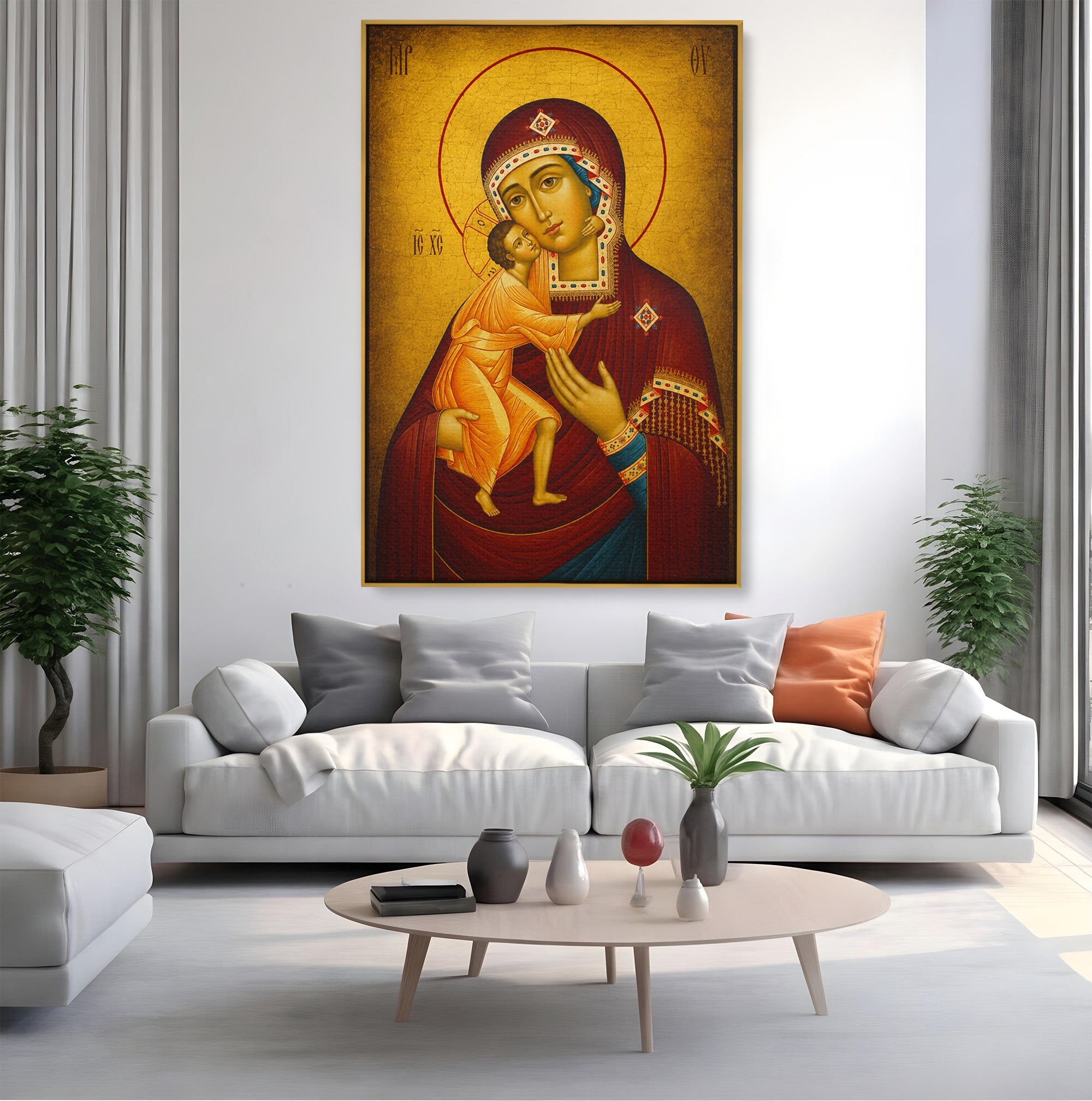 Tablou Canvas Premium LuxCanva® H1073, Maica Domnului Feodorovskaia, Icoana, Religie, Arta Sacra, Bizantin, Dormitor, Hol, Culori Vibrante