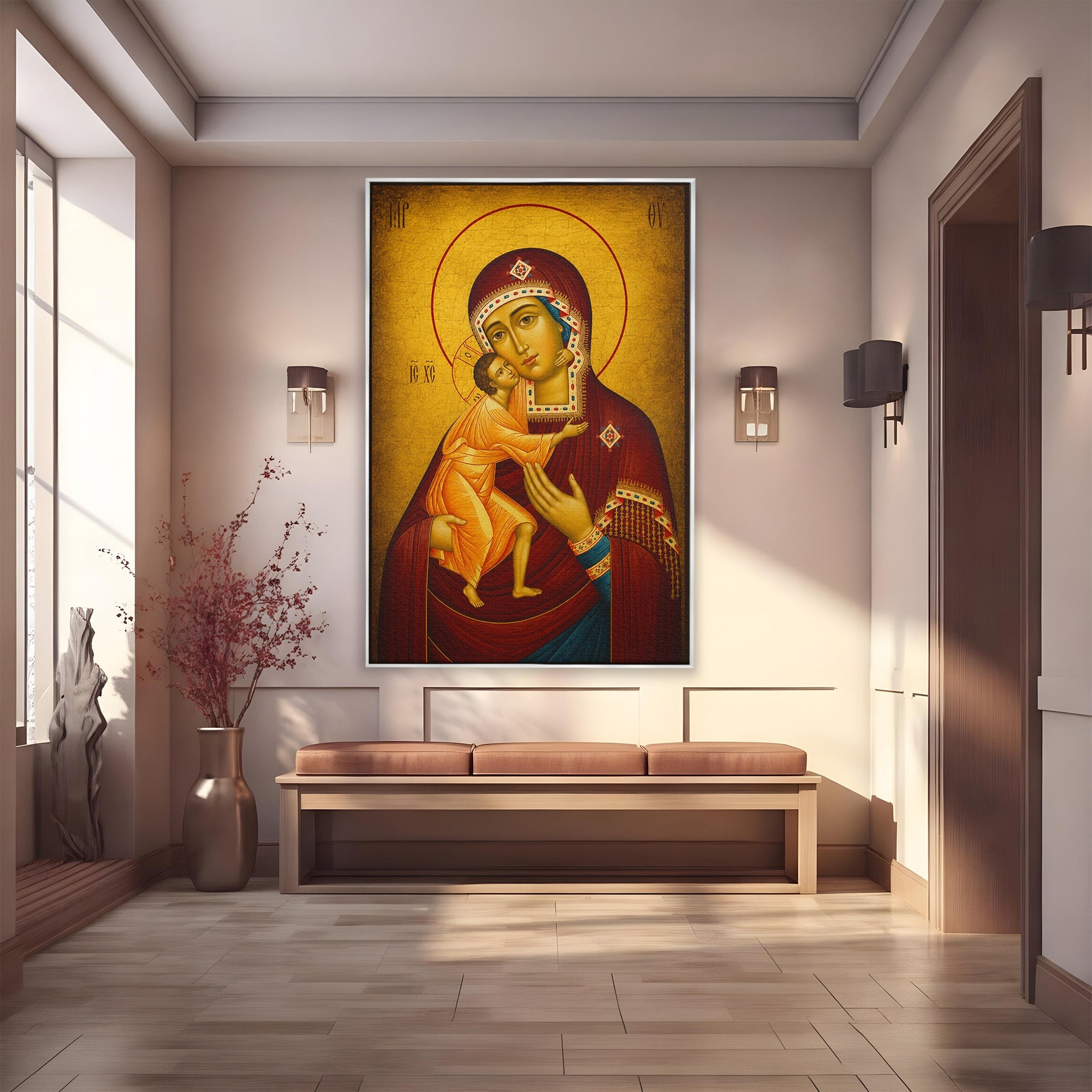 Tablou Canvas Premium LuxCanva® H1073, Maica Domnului Feodorovskaia, Icoana, Religie, Arta Sacra, Bizantin, Dormitor, Hol, Culori Vibrante