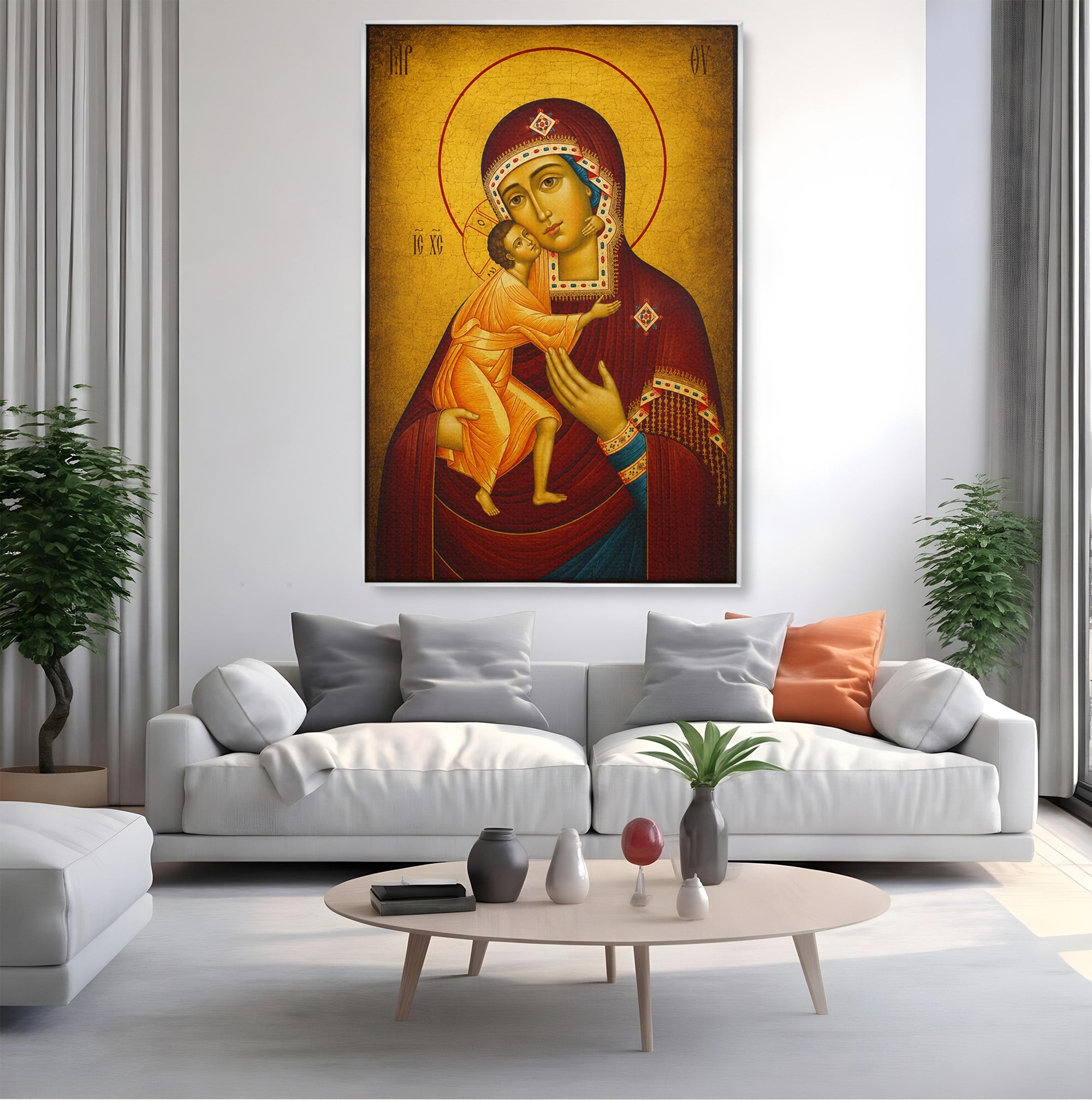 Tablou Canvas Premium LuxCanva® H1073, Maica Domnului Feodorovskaia, Icoana, Religie, Arta Sacra, Bizantin, Dormitor, Hol, Culori Vibrante