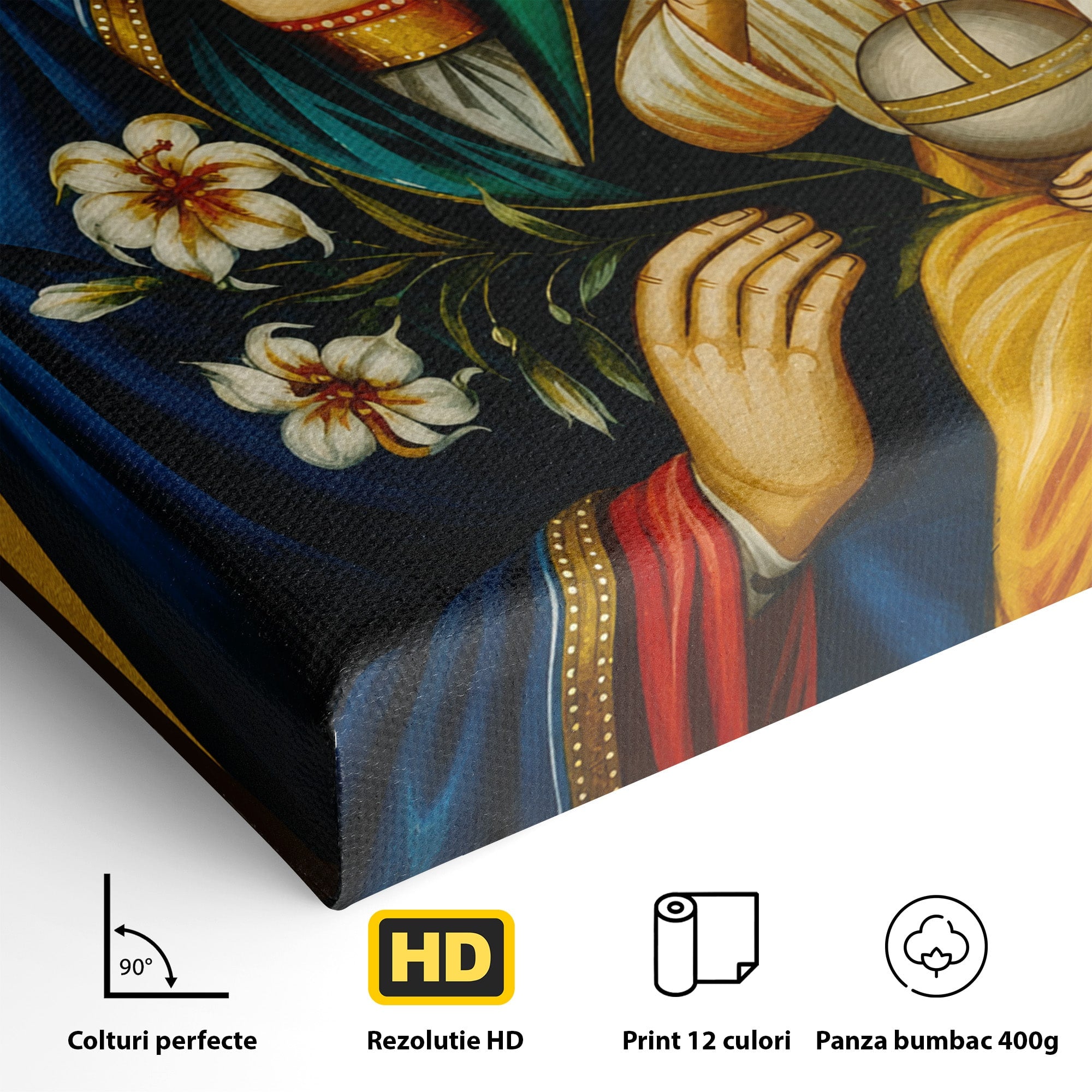 Tablou Canvas Premium LuxCanva® H1074, Maica Domnului cu Floare de Crin, Icoana, Religie, Spiritualitate, Credinta, Arta Sacra, Dormitor, Hol, Culori Vibrante