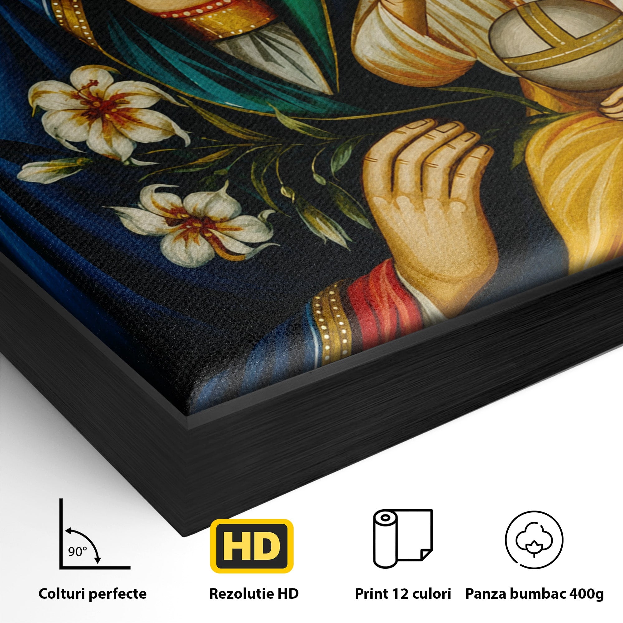 Tablou Canvas Premium LuxCanva® H1074, Maica Domnului cu Floare de Crin, Icoana, Religie, Spiritualitate, Credinta, Arta Sacra, Dormitor, Hol, Culori Vibrante