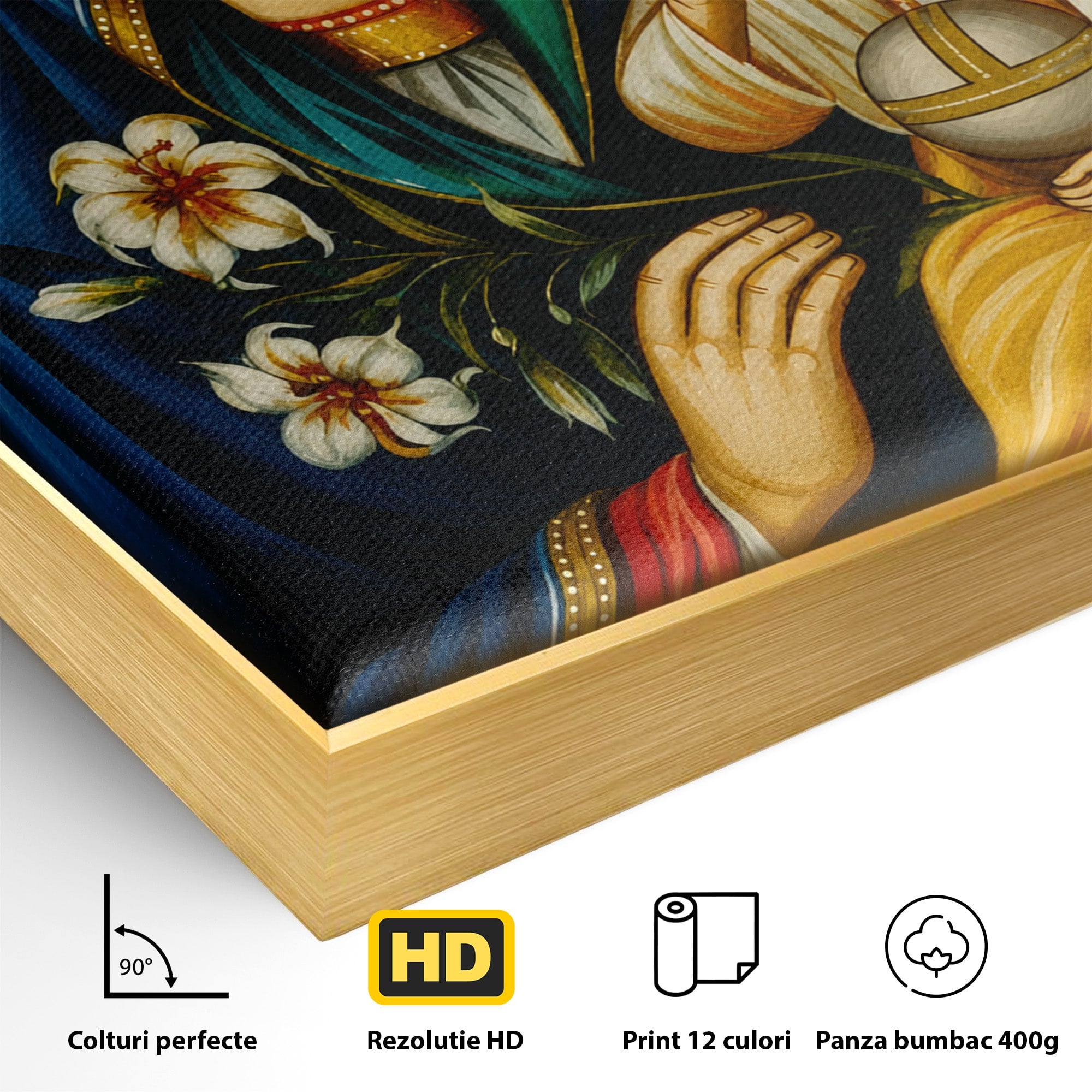 Tablou Canvas Premium LuxCanva® H1074, Maica Domnului cu Floare de Crin, Icoana, Religie, Spiritualitate, Credinta, Arta Sacra, Dormitor, Hol, Culori Vibrante