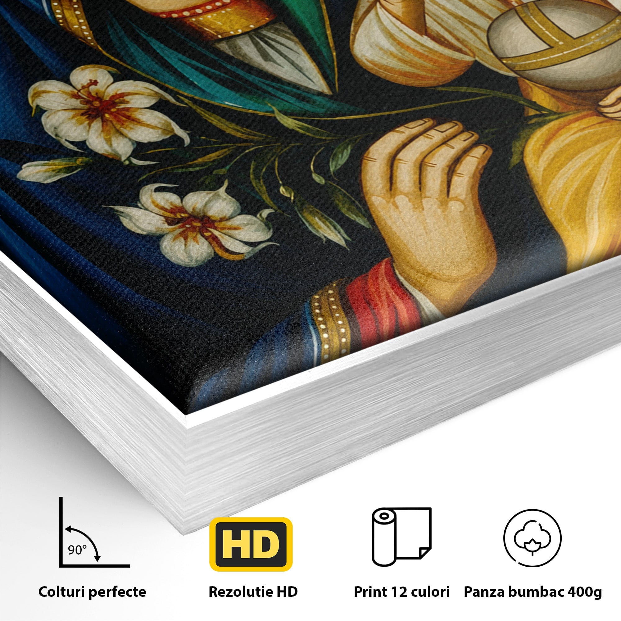 Tablou Canvas Premium LuxCanva® H1074, Maica Domnului cu Floare de Crin, Icoana, Religie, Spiritualitate, Credinta, Arta Sacra, Dormitor, Hol, Culori Vibrante