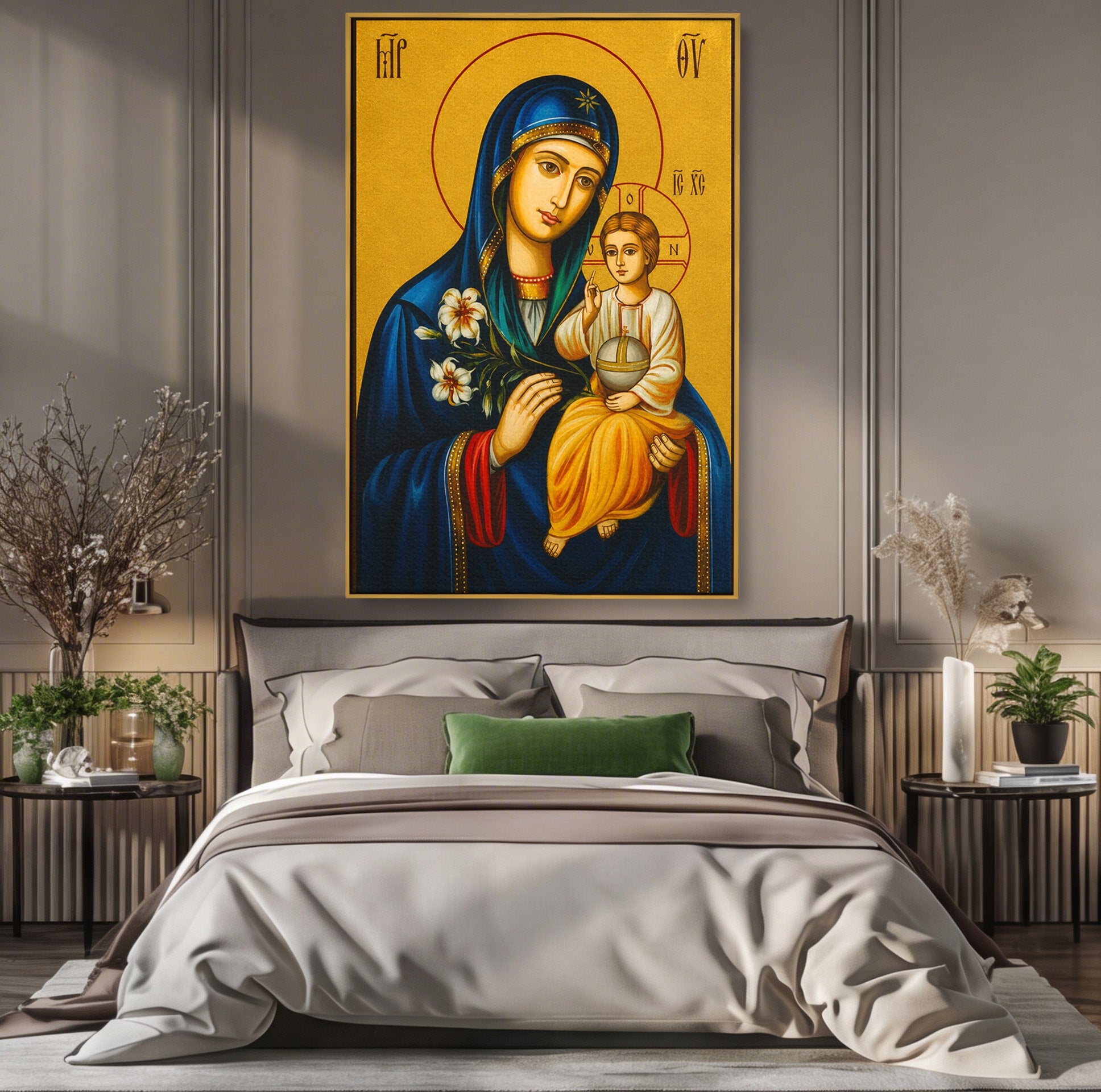 Tablou Canvas Premium LuxCanva® H1074, Maica Domnului cu Floare de Crin, Icoana, Religie, Spiritualitate, Credinta, Arta Sacra, Dormitor, Hol, Culori Vibrante
