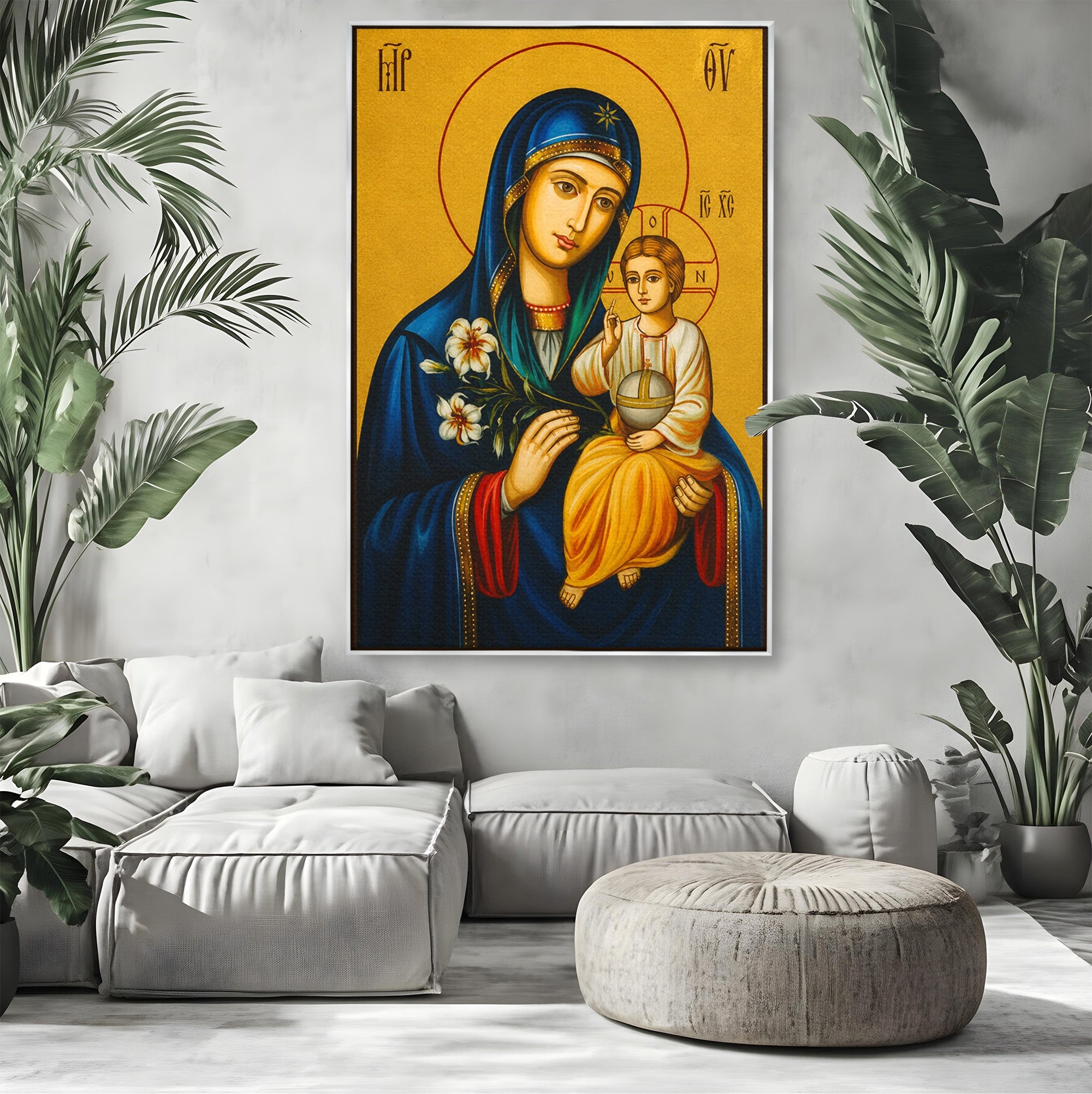 Tablou Canvas Premium LuxCanva® H1074, Maica Domnului cu Floare de Crin, Icoana, Religie, Spiritualitate, Credinta, Arta Sacra, Dormitor, Hol, Culori Vibrante