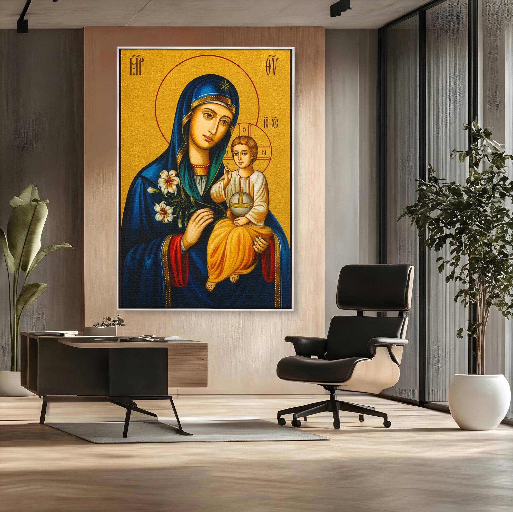 Tablou Canvas Premium LuxCanva® H1074, Maica Domnului cu Floare de Crin, Icoana, Religie, Spiritualitate, Credinta, Arta Sacra, Dormitor, Hol, Culori Vibrante