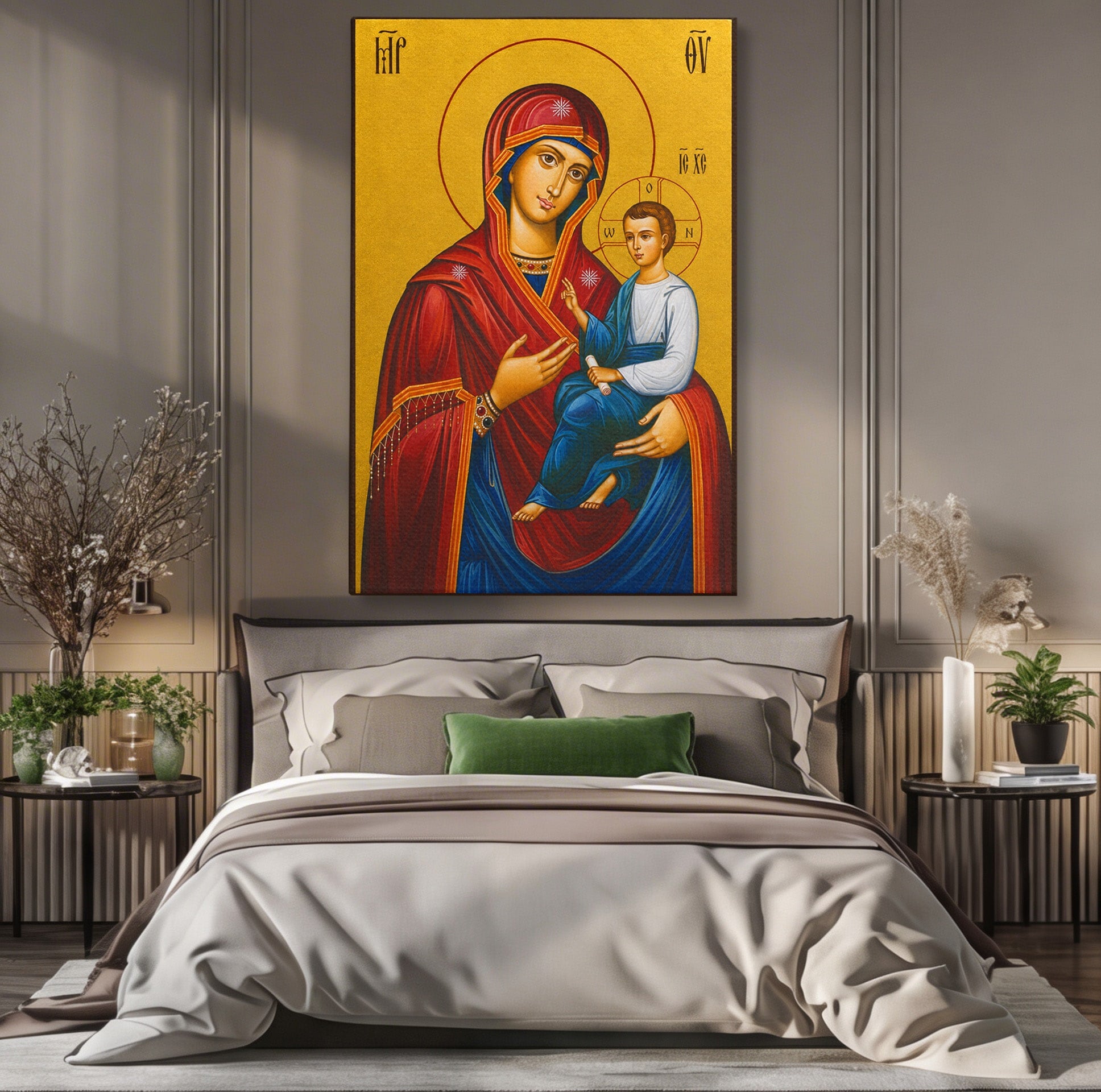 Tablou Canvas Premium LuxCanva® H1075, Maica Domnului Grabnic Ajutatoare, Icoana, Religie, Fecioara Maria, Prunc, Dormitor, Birou, Culori Vibrante