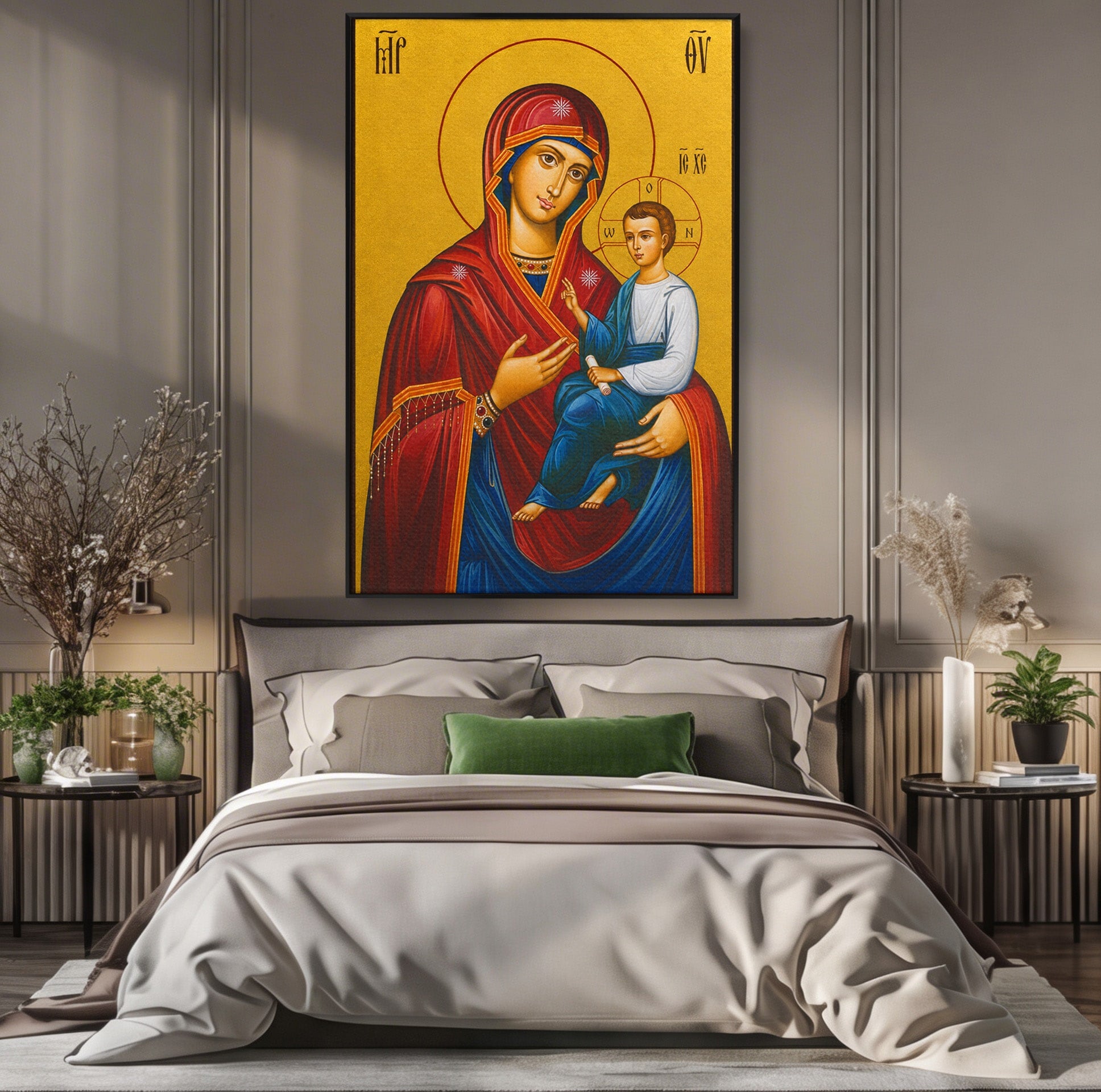 Tablou Canvas Premium LuxCanva® H1075, Maica Domnului Grabnic Ajutatoare, Icoana, Religie, Fecioara Maria, Prunc, Dormitor, Birou, Culori Vibrante