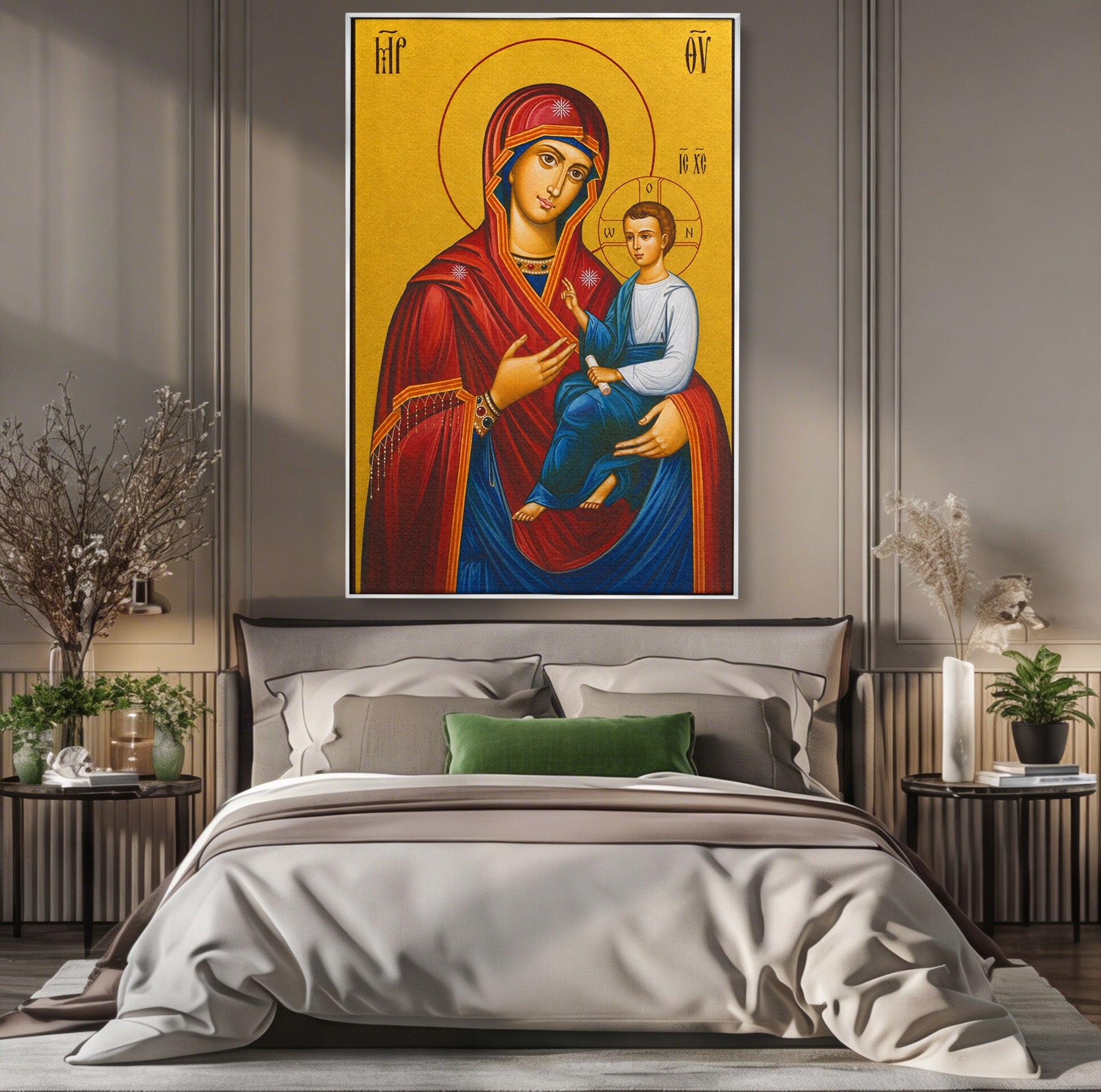 Tablou Canvas Premium LuxCanva® H1075, Maica Domnului Grabnic Ajutatoare, Icoana, Religie, Fecioara Maria, Prunc, Dormitor, Birou, Culori Vibrante