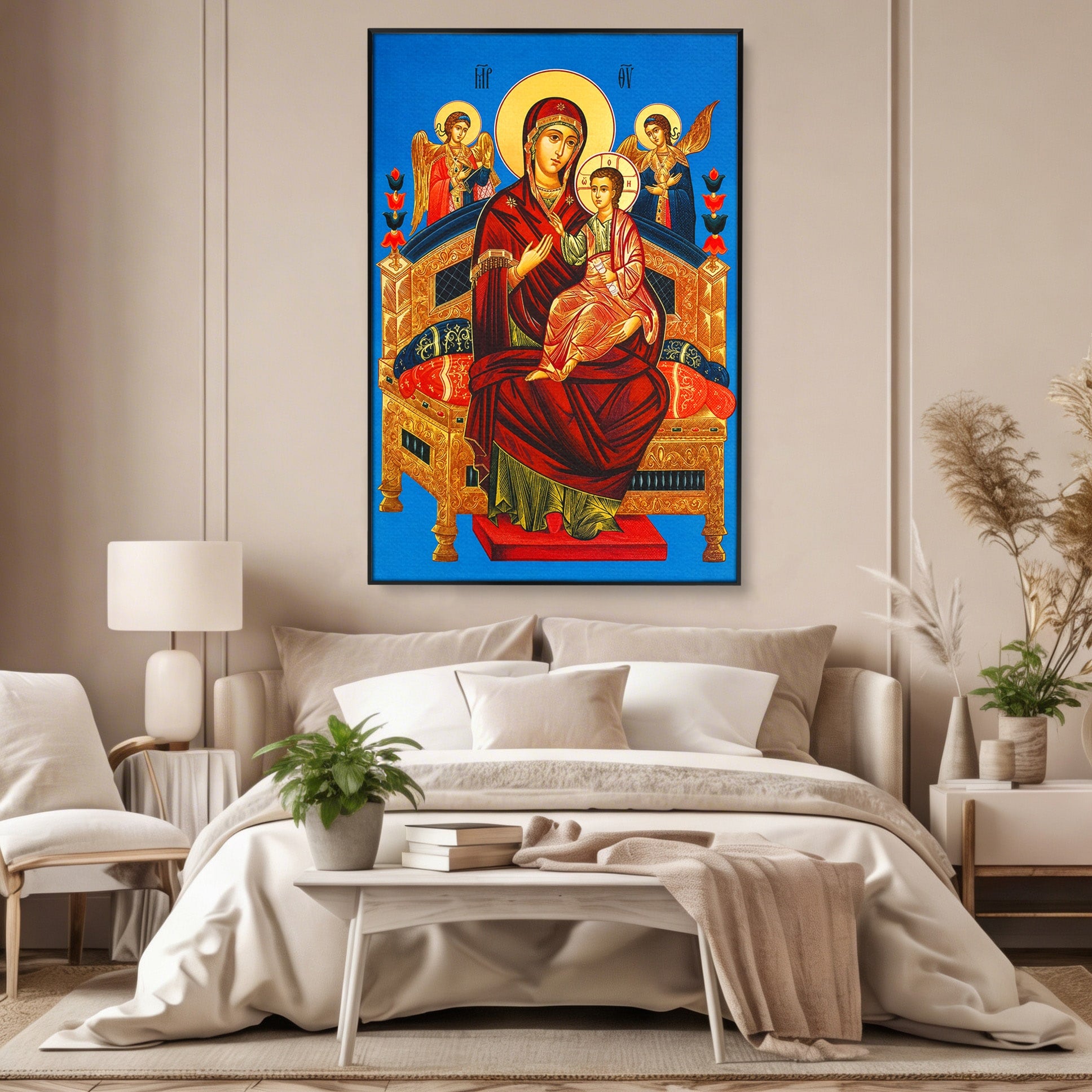Tablou Canvas Premium LuxCanva® H1079, Maica Domnului Pantanassa, Icoana, Religie, Fecioara Maria, Ingeri, Dormitor, Birou, Culori Vibrante
