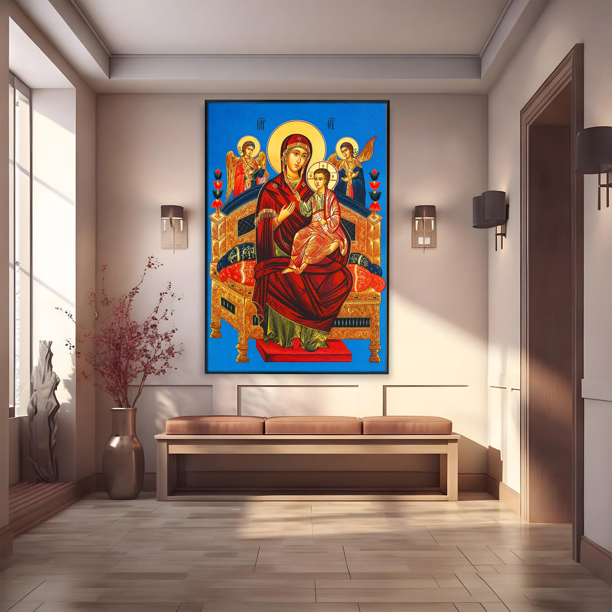 Tablou Canvas Premium LuxCanva® H1079, Maica Domnului Pantanassa, Icoana, Religie, Fecioara Maria, Ingeri, Dormitor, Birou, Culori Vibrante