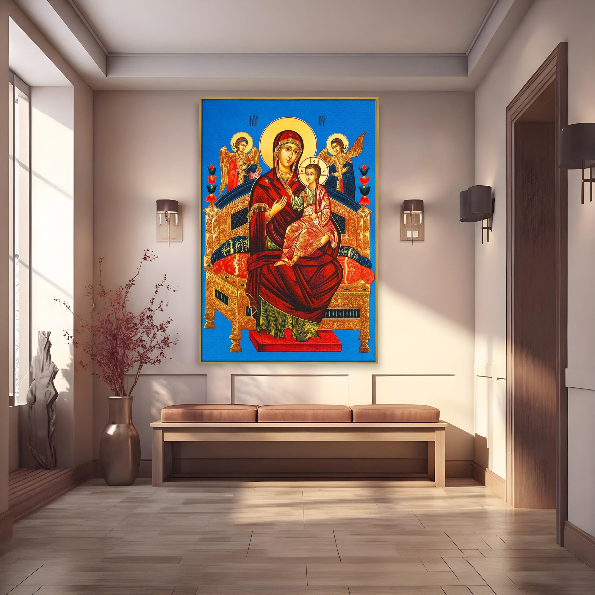 Tablou Canvas Premium LuxCanva® H1079, Maica Domnului Pantanassa, Icoana, Religie, Fecioara Maria, Ingeri, Dormitor, Birou, Culori Vibrante