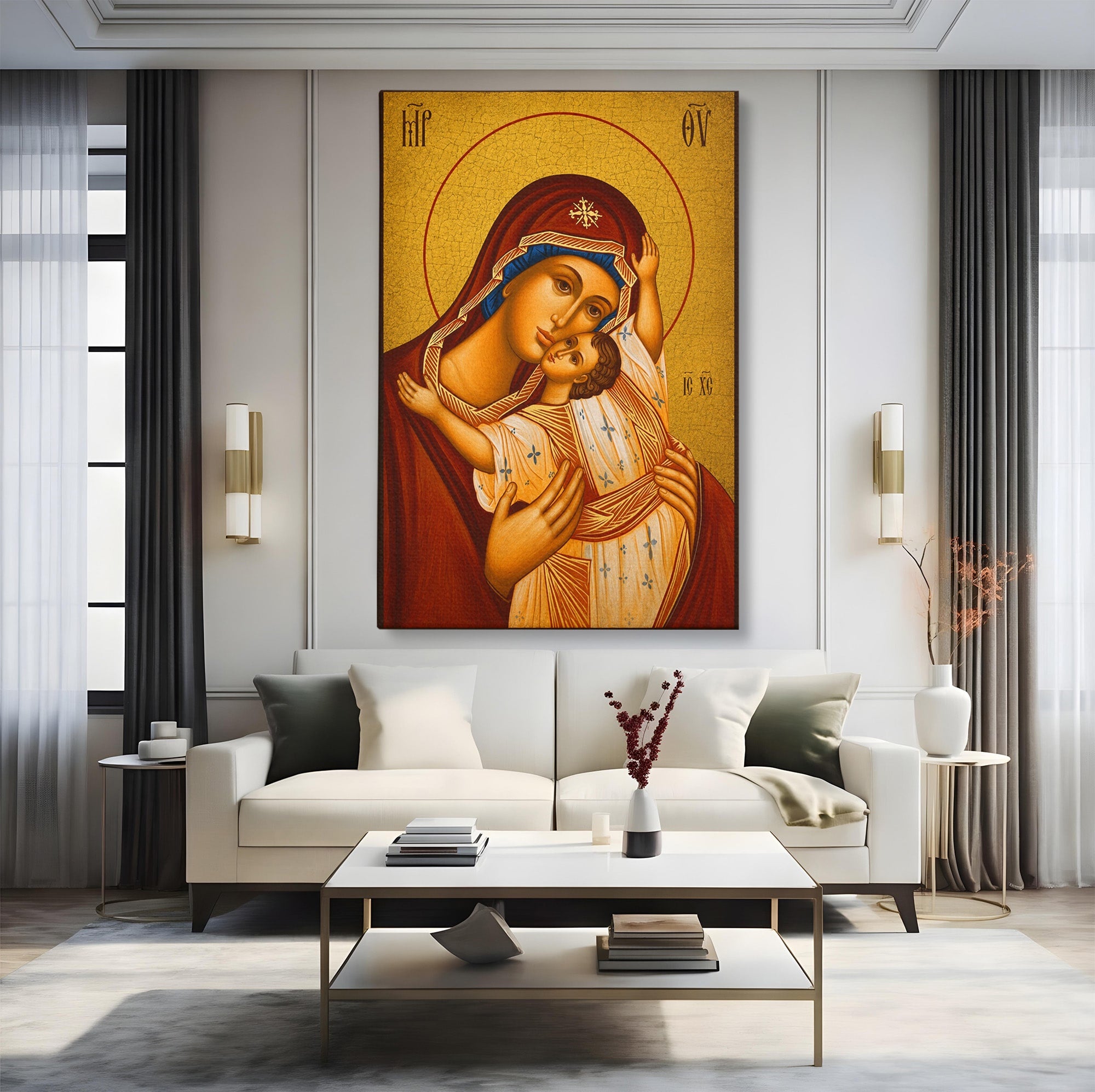 Tablou Canvas Premium LuxCanva® H1080, Icoana de Rugaciune Maica Domnului Paramythia, Icoana, Religie, Spiritualitate, Traditie, Living, Dormitor, Culori Vibrante