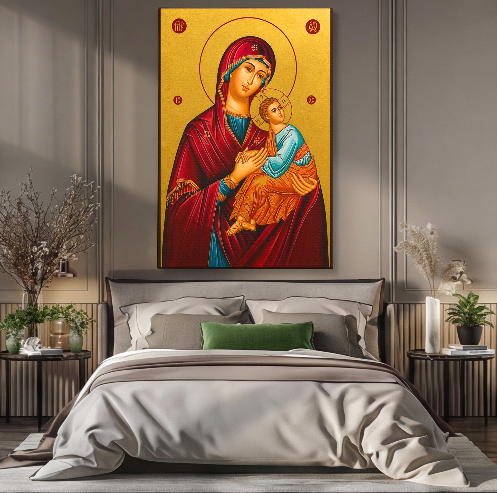 Tablou Canvas Premium LuxCanva® H1081, Icoana Ortodoxa Facatoare de Minuni, Icoana, Religie, Fecioara Maria, Spiritualitate, Dormitor, Culori Vibrante