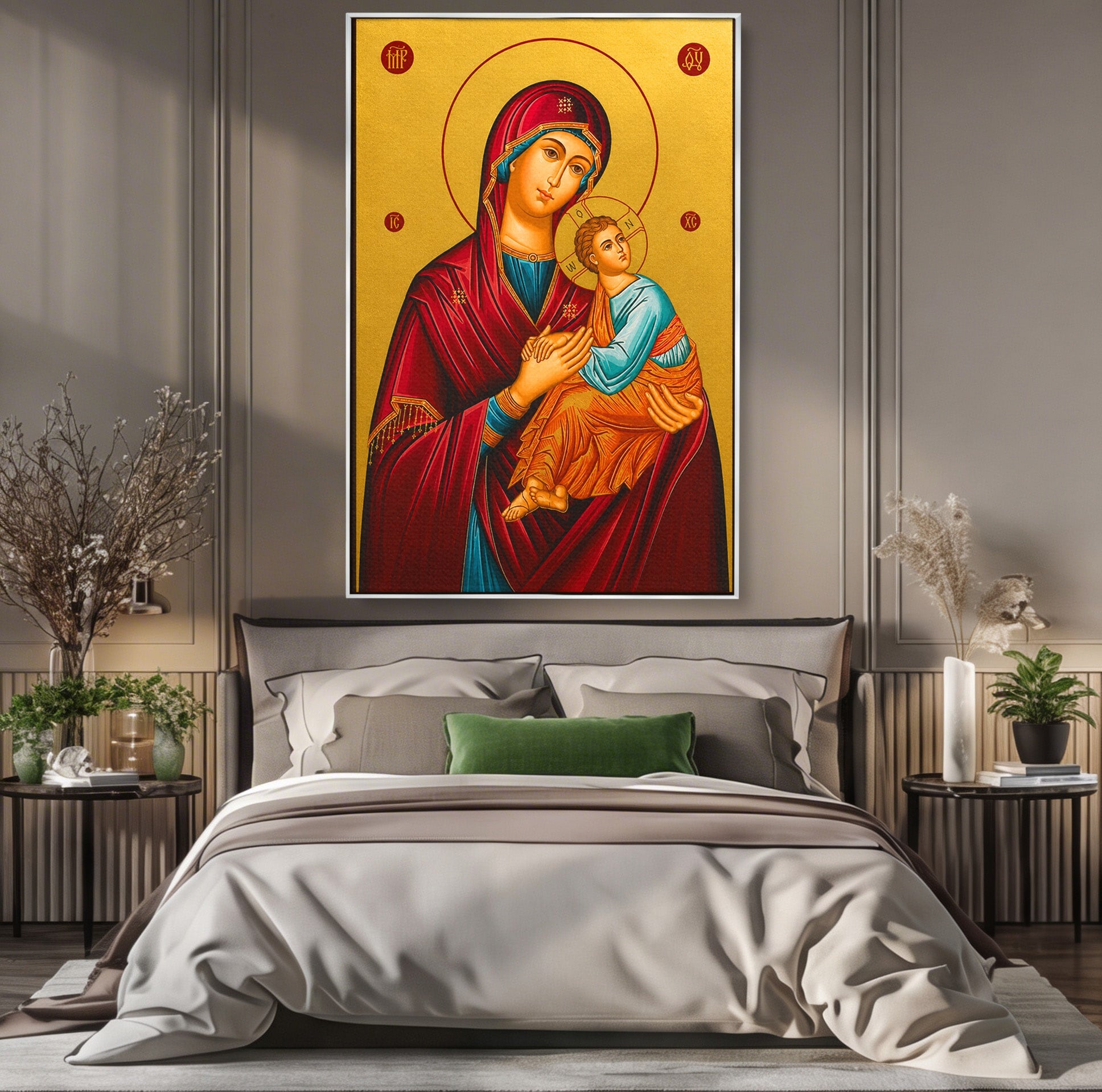 Tablou Canvas Premium LuxCanva® H1081, Icoana Ortodoxa Facatoare de Minuni, Icoana, Religie, Fecioara Maria, Spiritualitate, Dormitor, Culori Vibrante