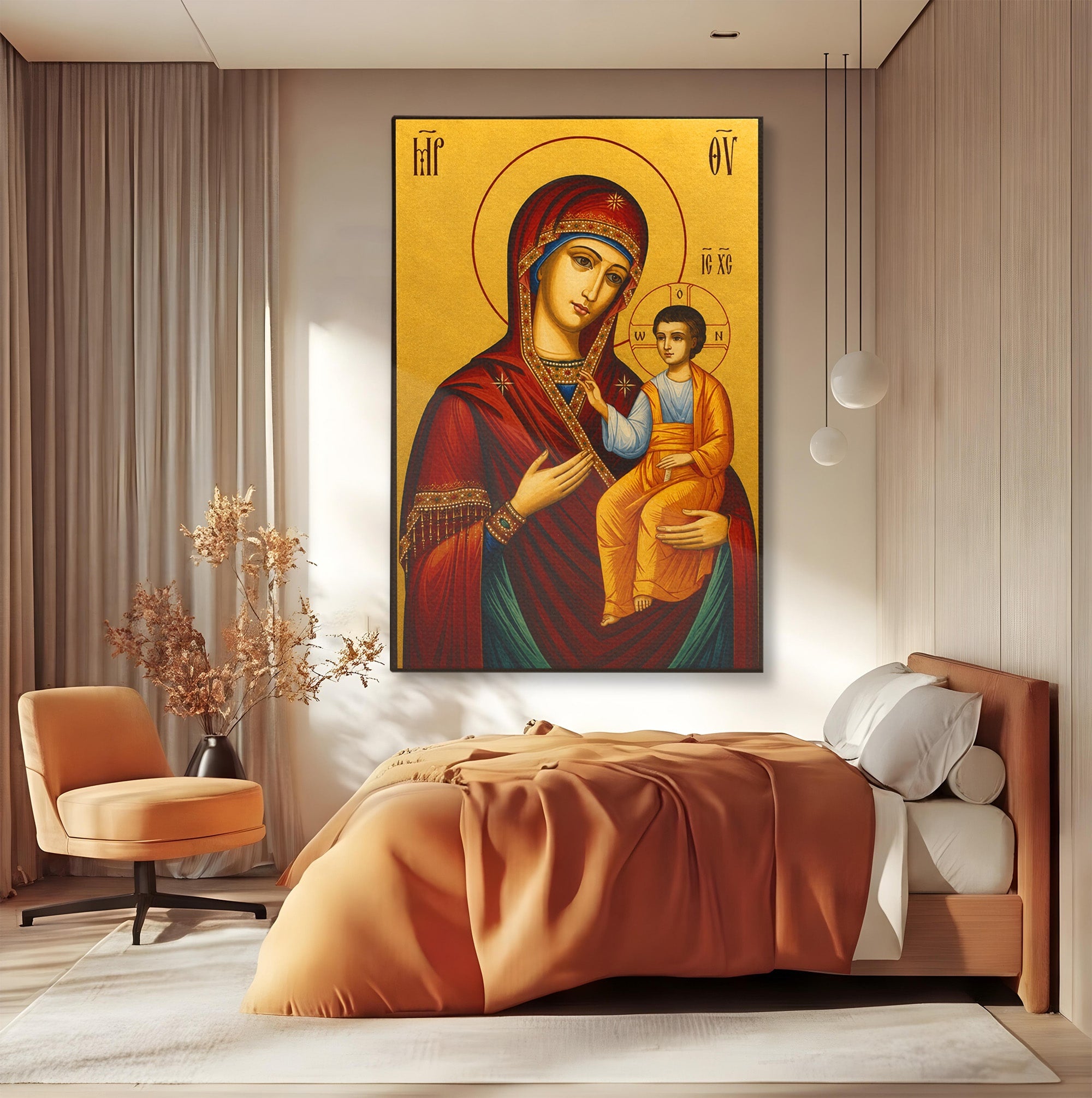 Tablou Canvas Premium LuxCanva® H1082, Icoana Maicii Domnului Portarita, Icoana, Religie, Bizantin, Arta Sacra, Dormitor, Hol, Culori Vibrante